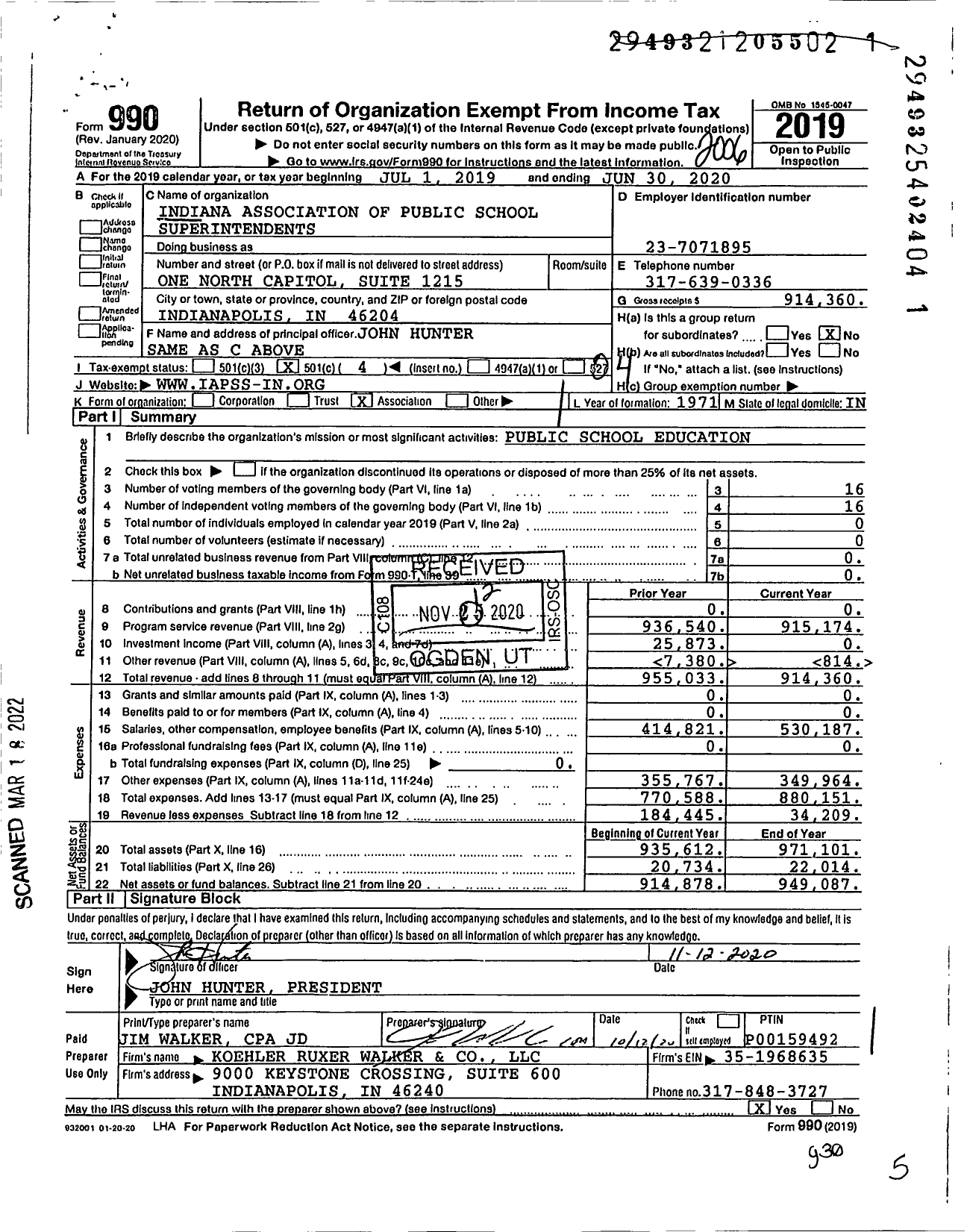 Image of first page of 2019 Form 990O for Indiana Association of Public School Superintendents