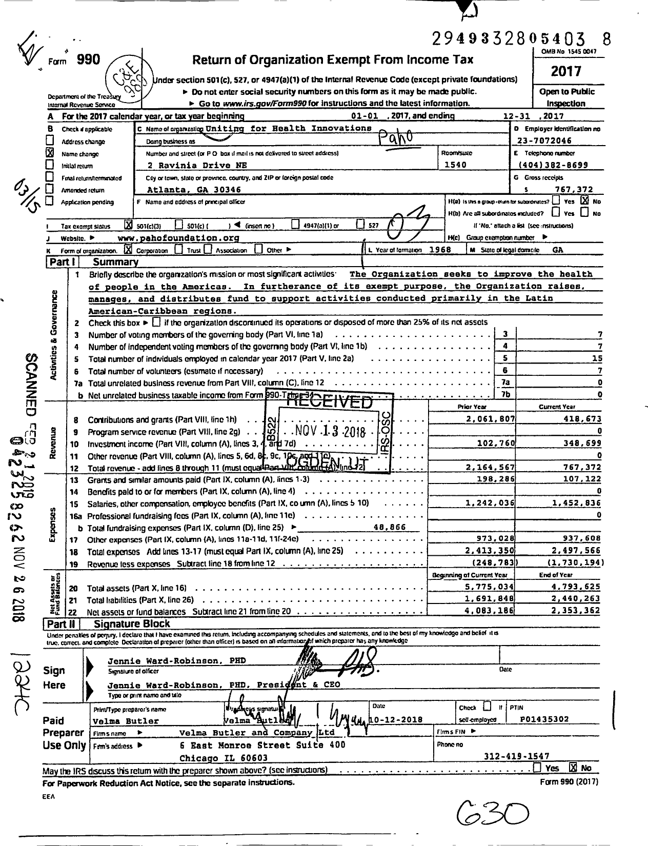 Image of first page of 2017 Form 990 for PAHO Foundation