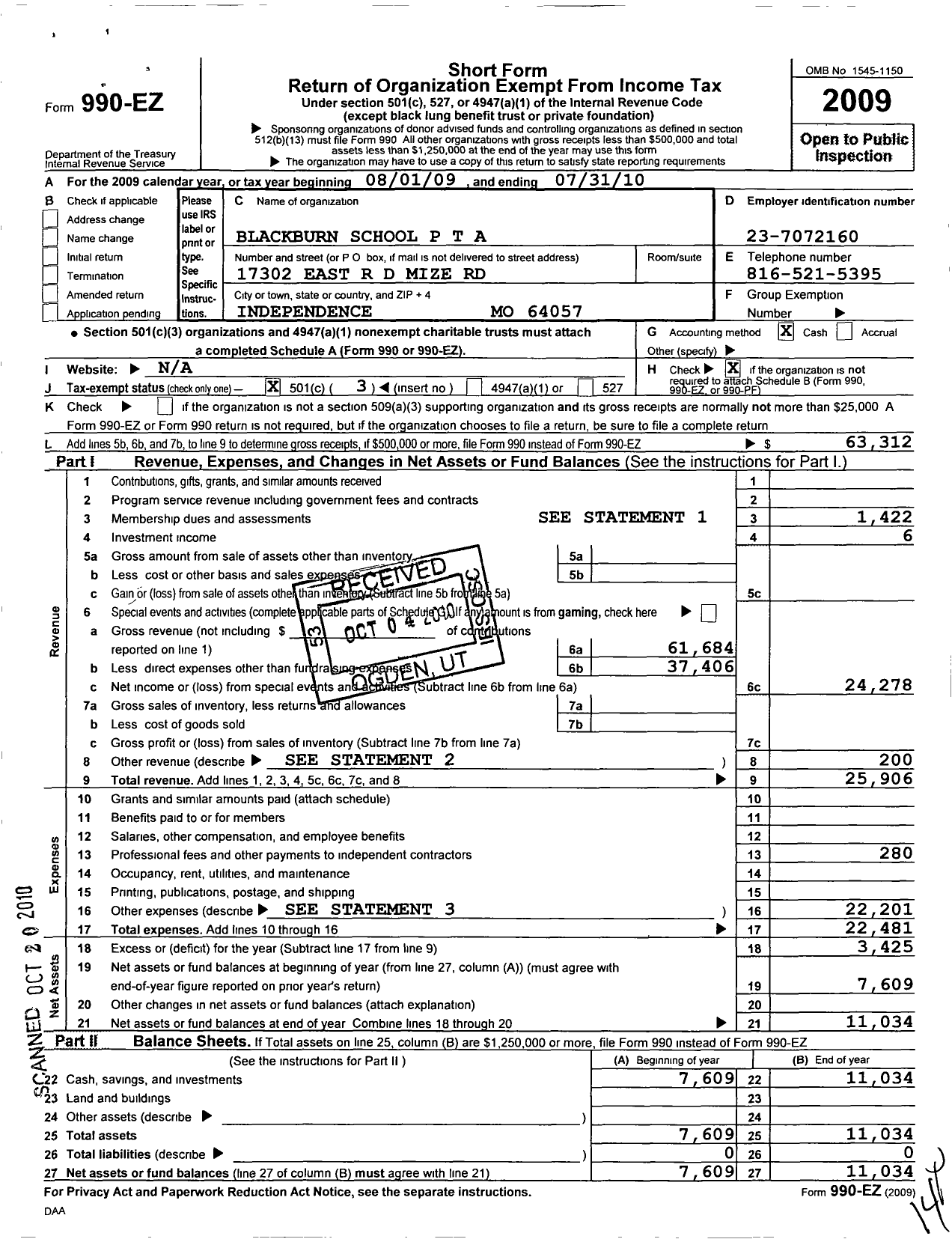 Image of first page of 2009 Form 990EZ for PTA Missouri Congress / Blackburn School PTA