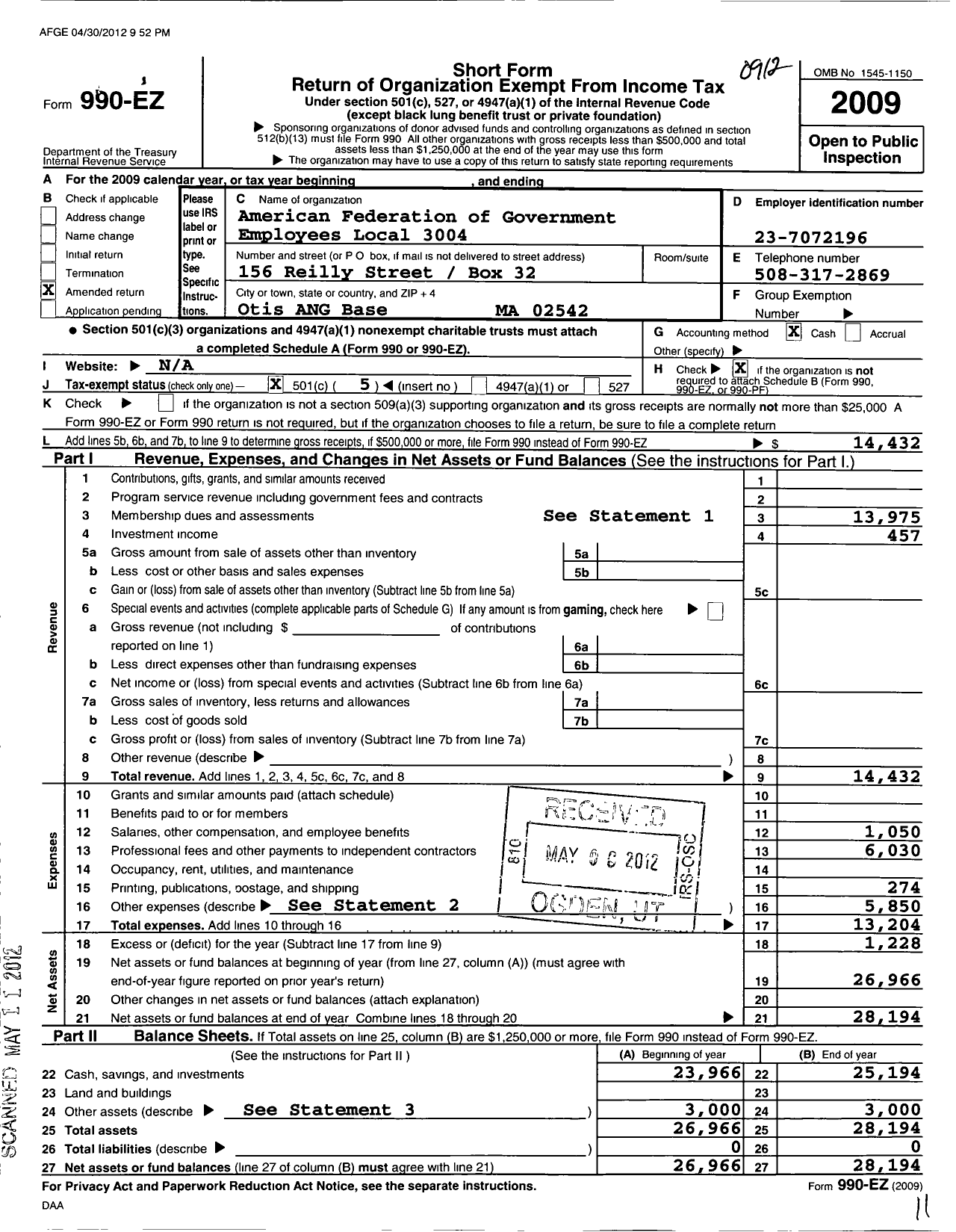 Image of first page of 2009 Form 990EO for American Federation of Government Employees - 3004 Afge Local