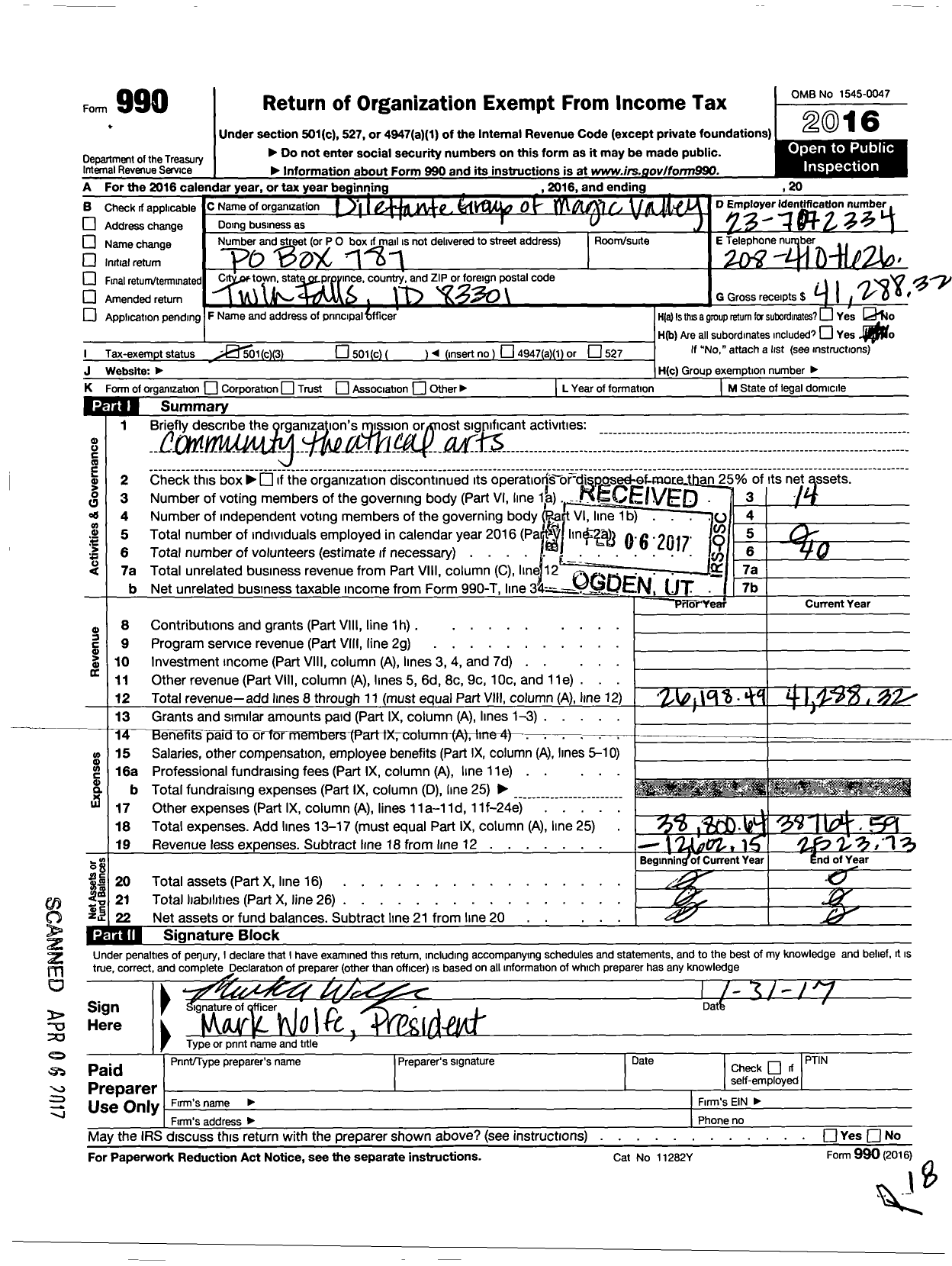 Image of first page of 2016 Form 990 for Dilettante Group of Magic Valley