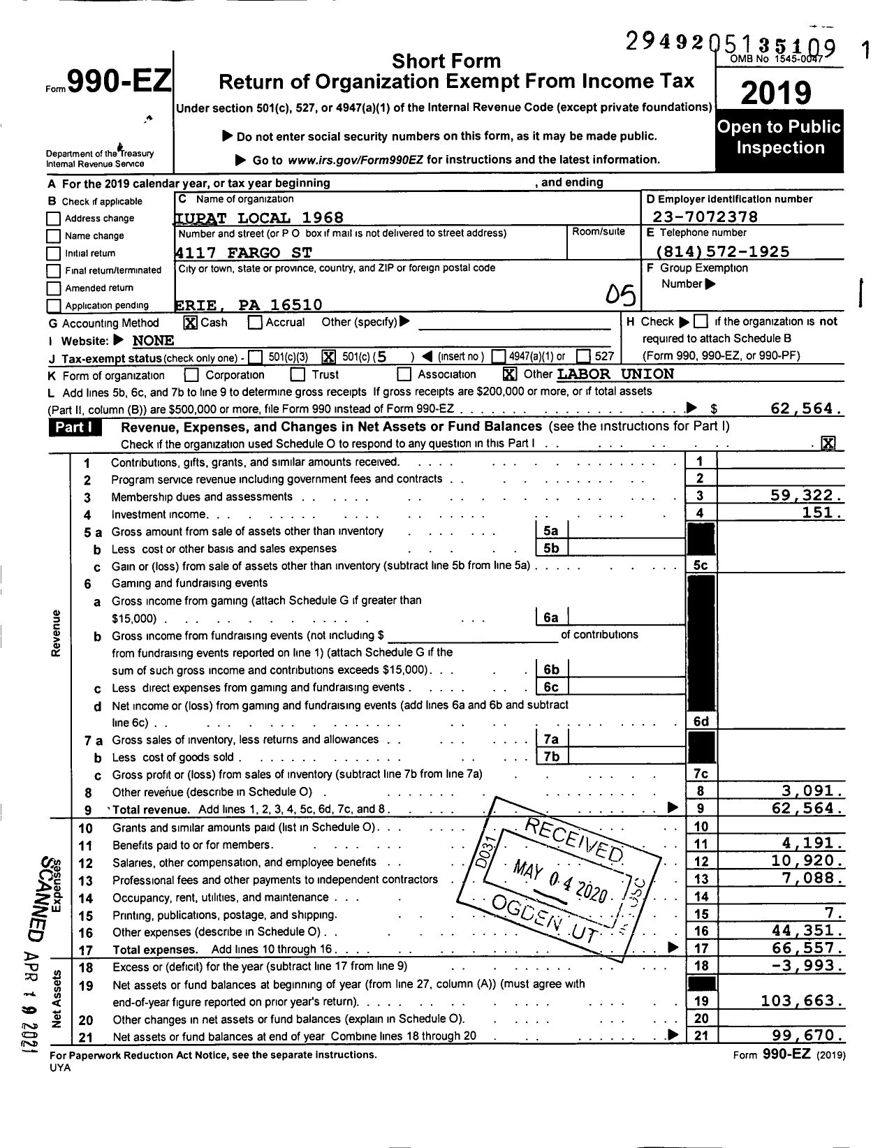 Image of first page of 2019 Form 990EO for International Union of Painters and Allied Trades - 1968 Erie County School District Ci