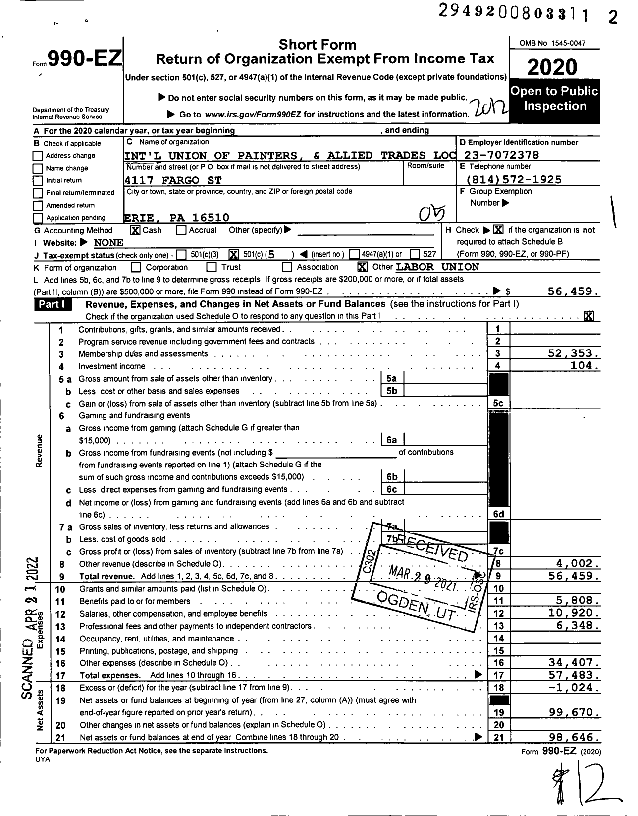 Image of first page of 2020 Form 990EO for International Union of Painters and Allied Trades - 1968 Erie County School District Ci