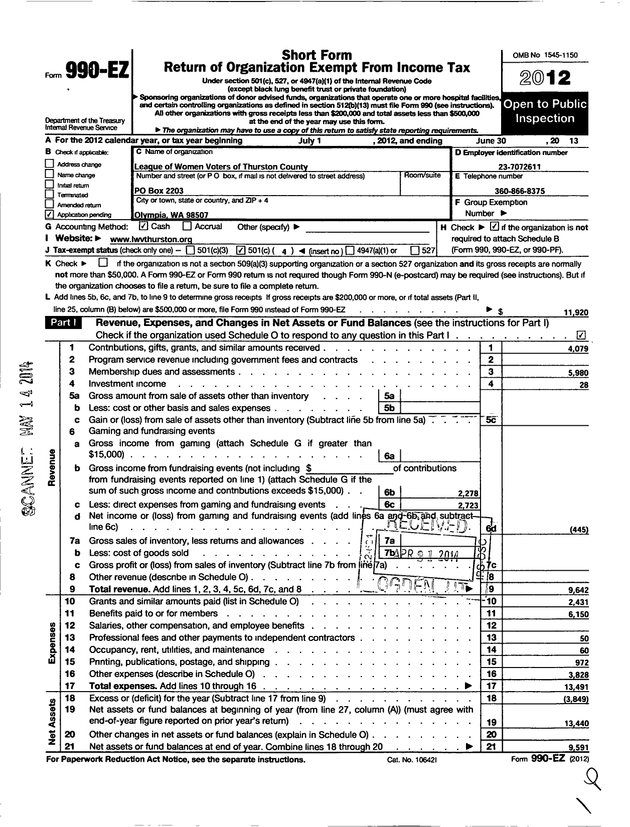 Image of first page of 2012 Form 990EO for League of Women Voters of Thurston County