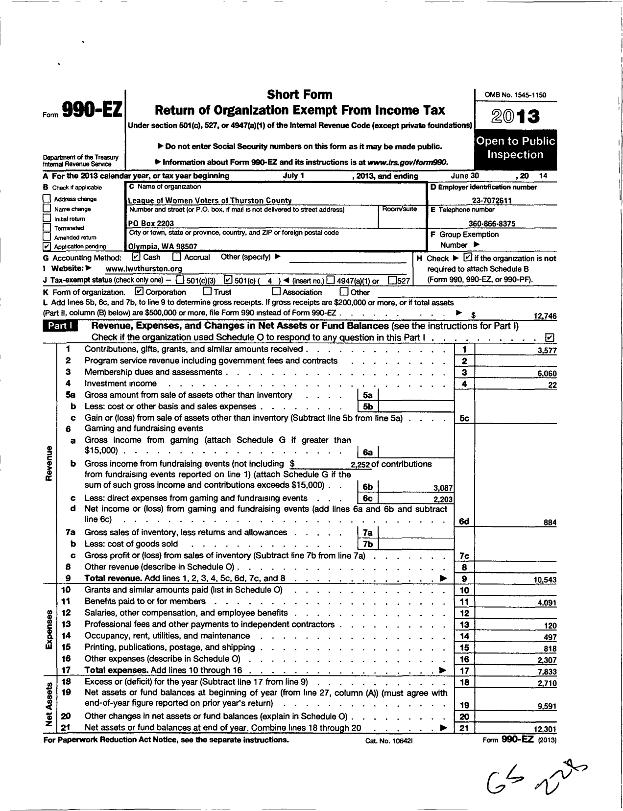 Image of first page of 2013 Form 990EO for League of Women Voters of Thurston County