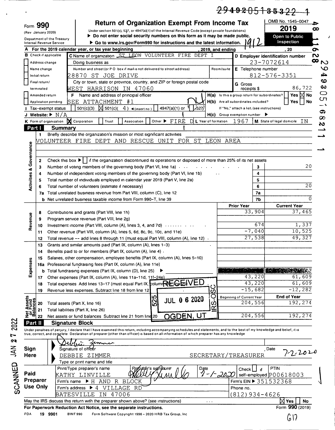 Image of first page of 2019 Form 990O for St Leon Volunteer Fire Dept