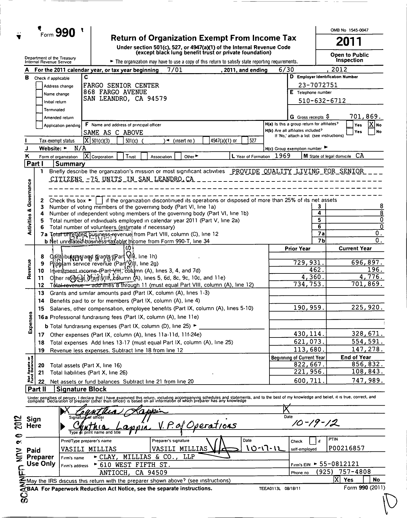 Image of first page of 2011 Form 990 for Fargo Senior Center