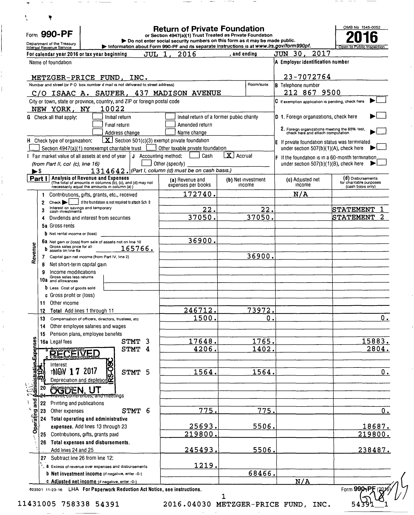 Image of first page of 2016 Form 990PF for Metzger-Price Fund