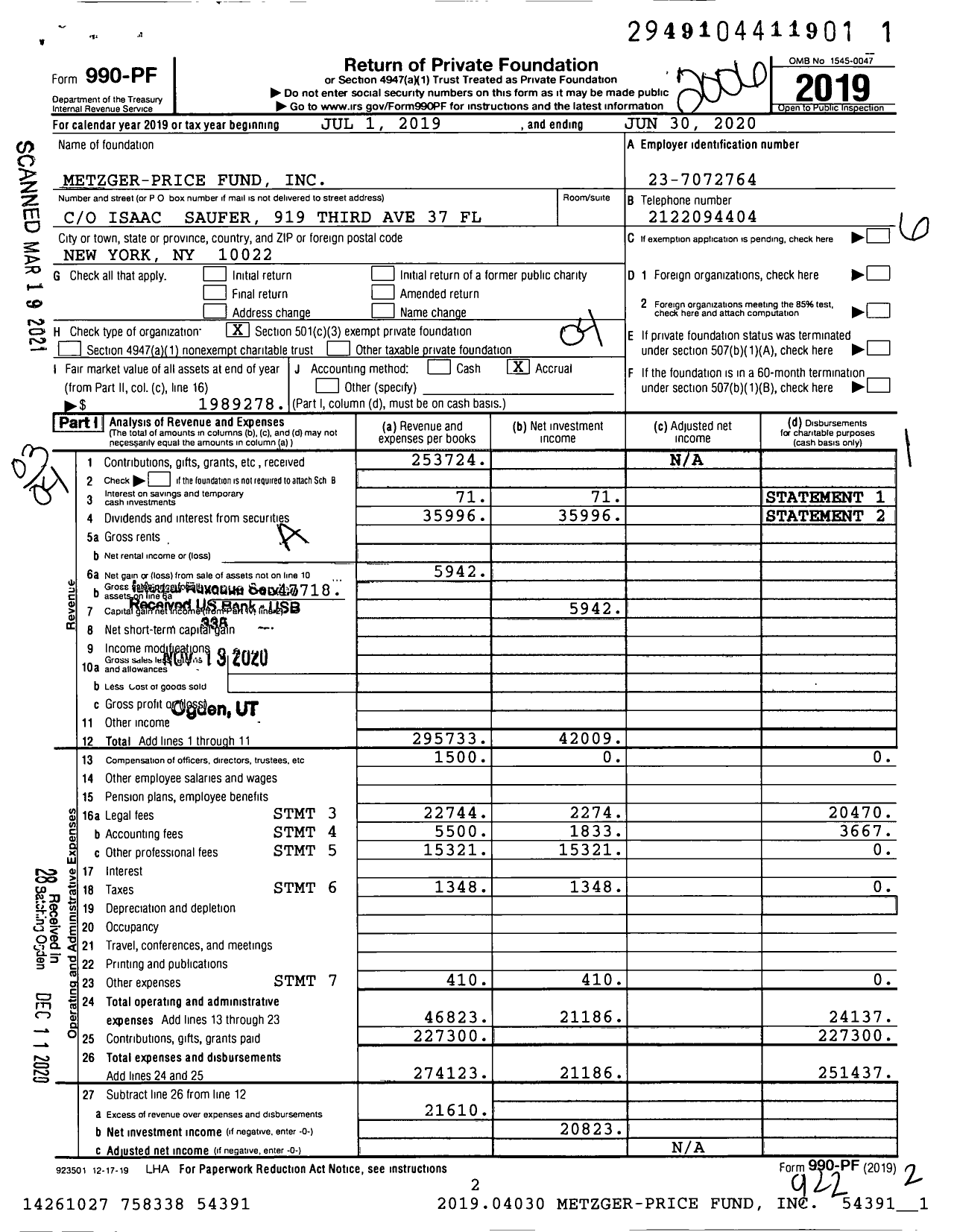 Image of first page of 2019 Form 990PF for Metzger-Price Fund