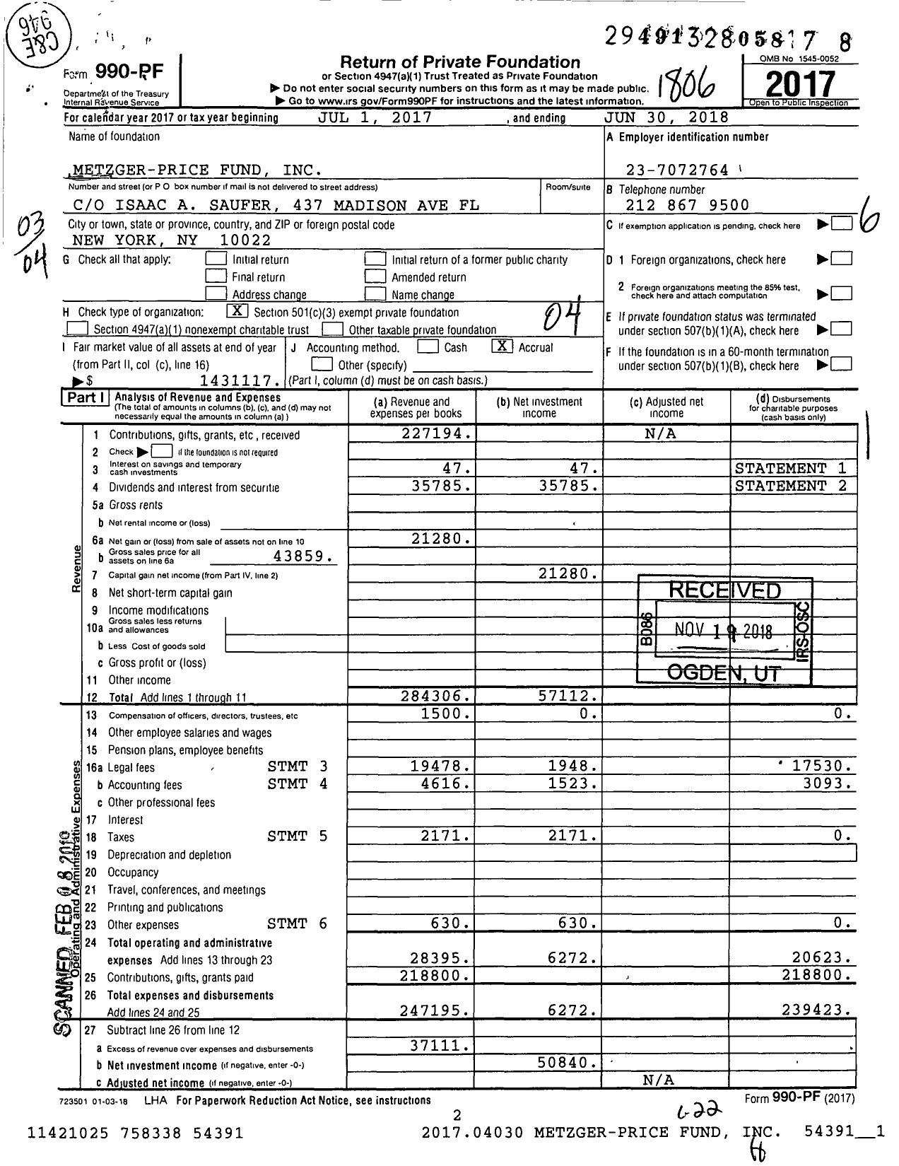 Image of first page of 2017 Form 990PF for Metzger-Price Fund