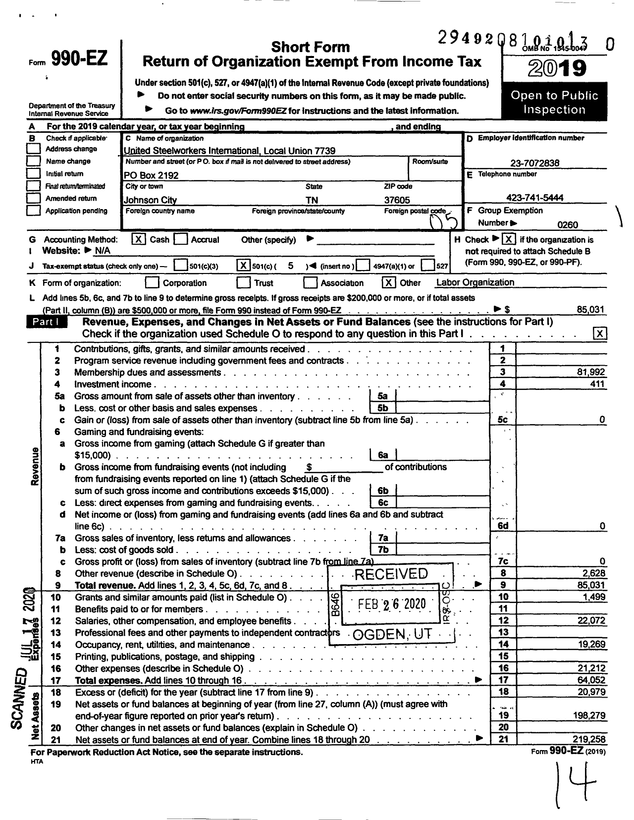 Image of first page of 2019 Form 990EO for United Steelworkers - 7739 Local District 9