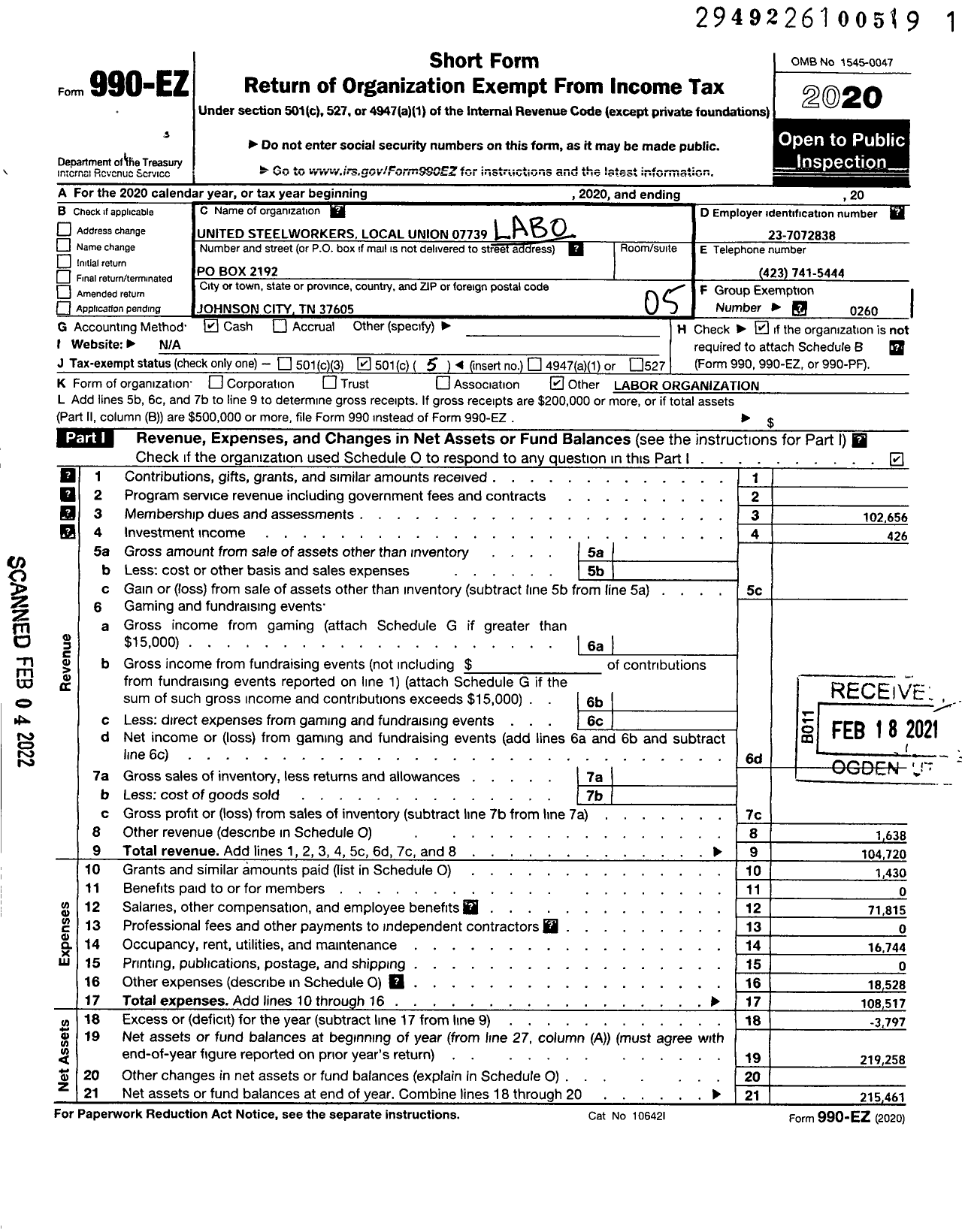 Image of first page of 2020 Form 990EO for United Steelworkers - 7739 Local District 9