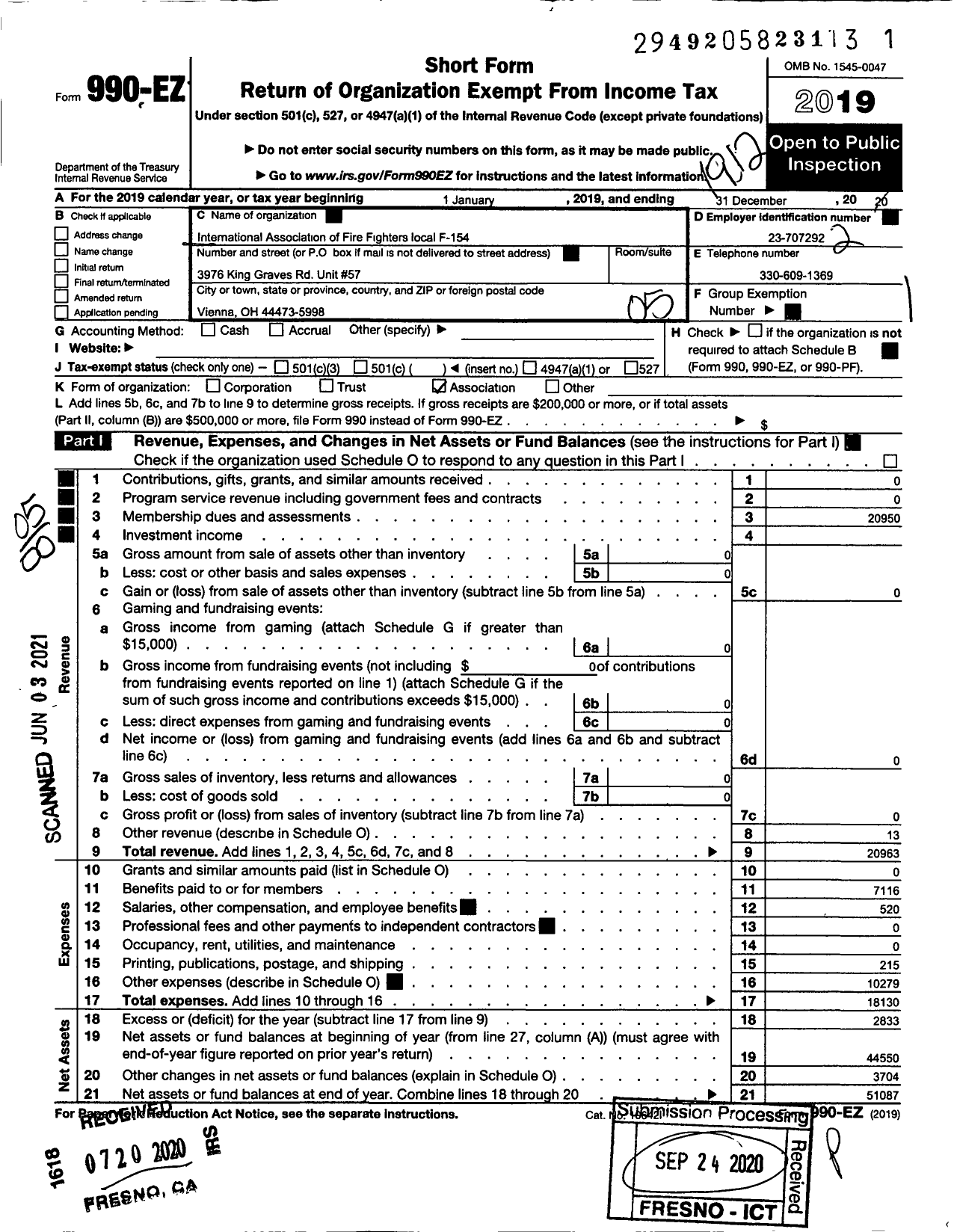 Image of first page of 2019 Form 990EO for International Association of Fire Fighters - F0154 Youngstown