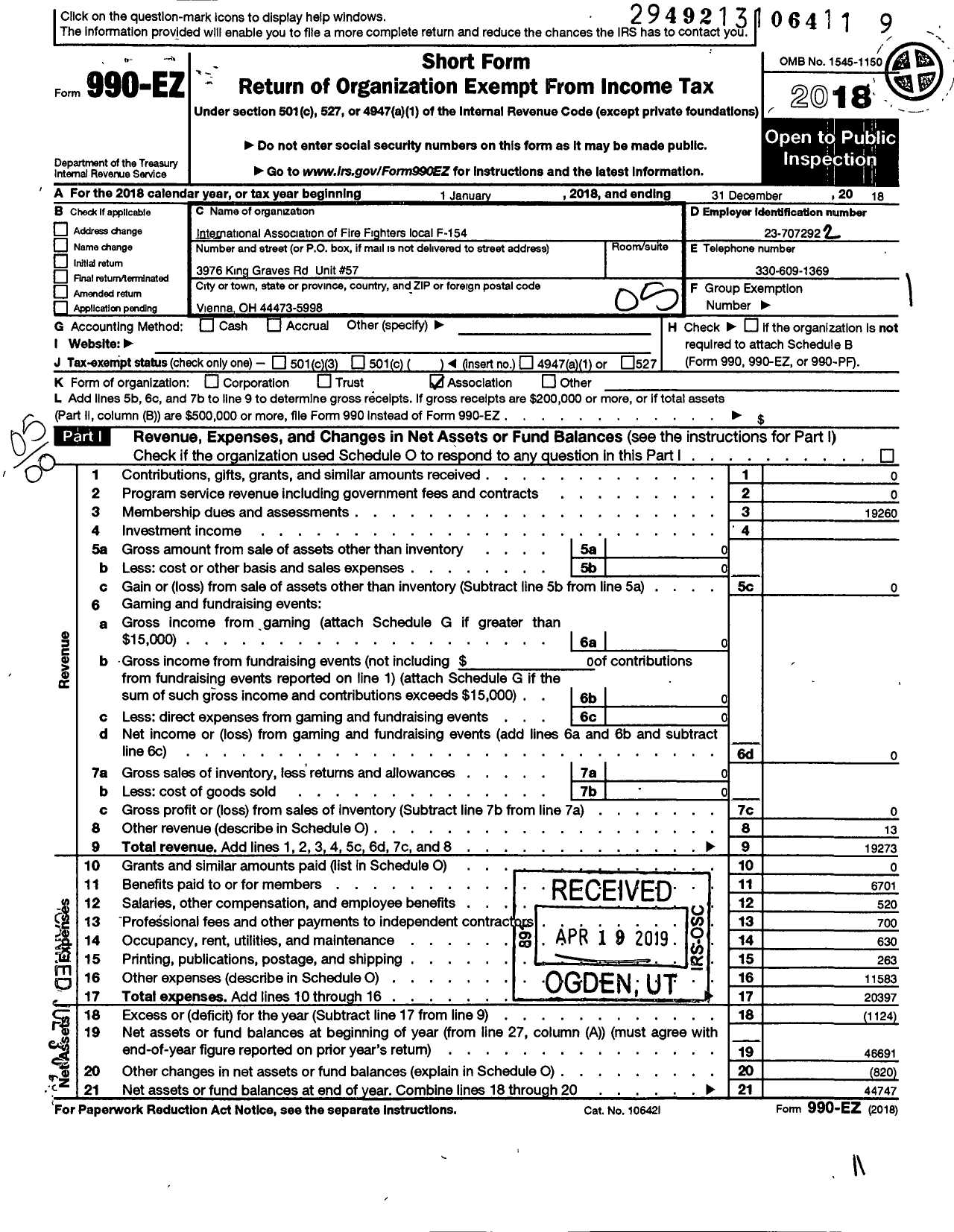 Image of first page of 2018 Form 990EO for International Association of Fire Fighters - F0154 Youngstown