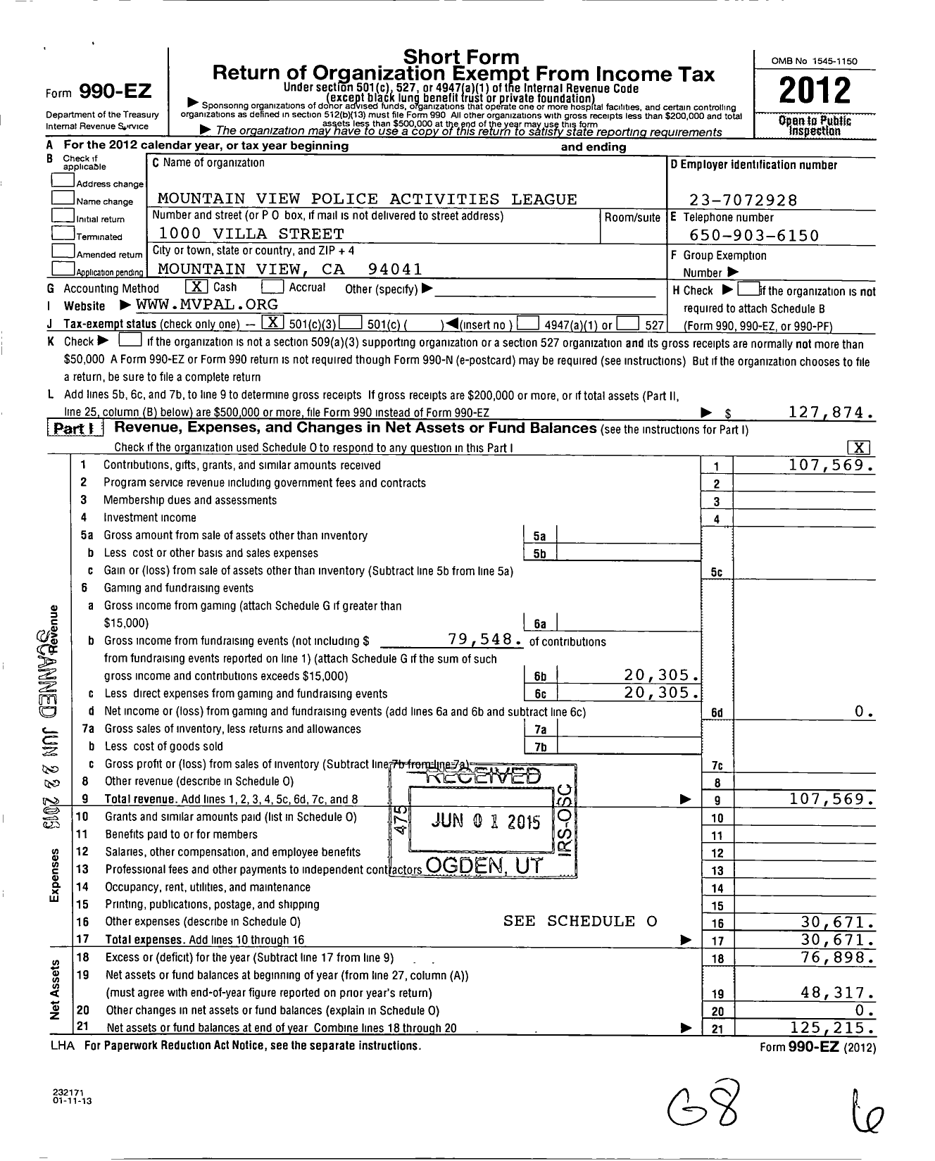 Image of first page of 2012 Form 990EZ for Mountain View Police Activities League