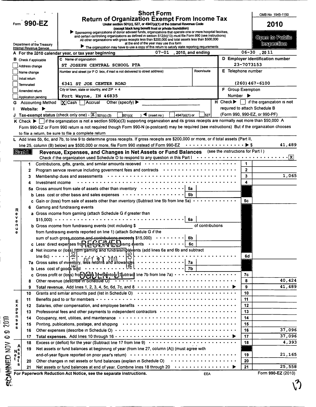 Image of first page of 2010 Form 990EZ for Indiana Congress of Parents and Teachers / St Joseph Central Elem PTA