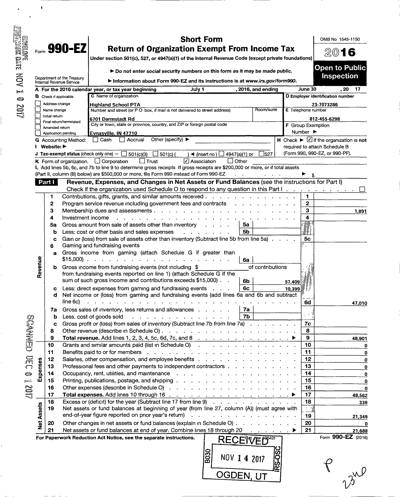 Image of first page of 2016 Form 990EO for Indiana Congress of Parents and Teachers