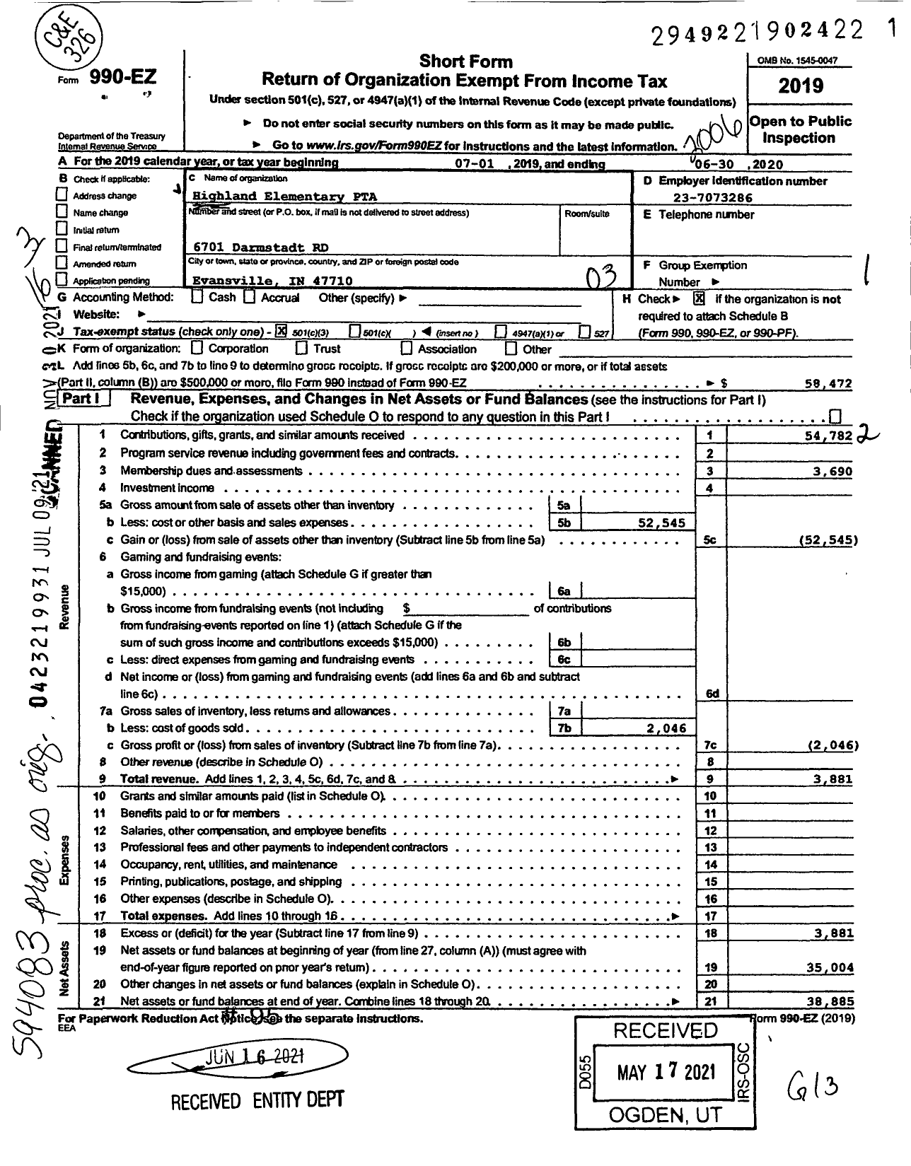 Image of first page of 2019 Form 990EZ for Indiana Congress of Parents and Teachers