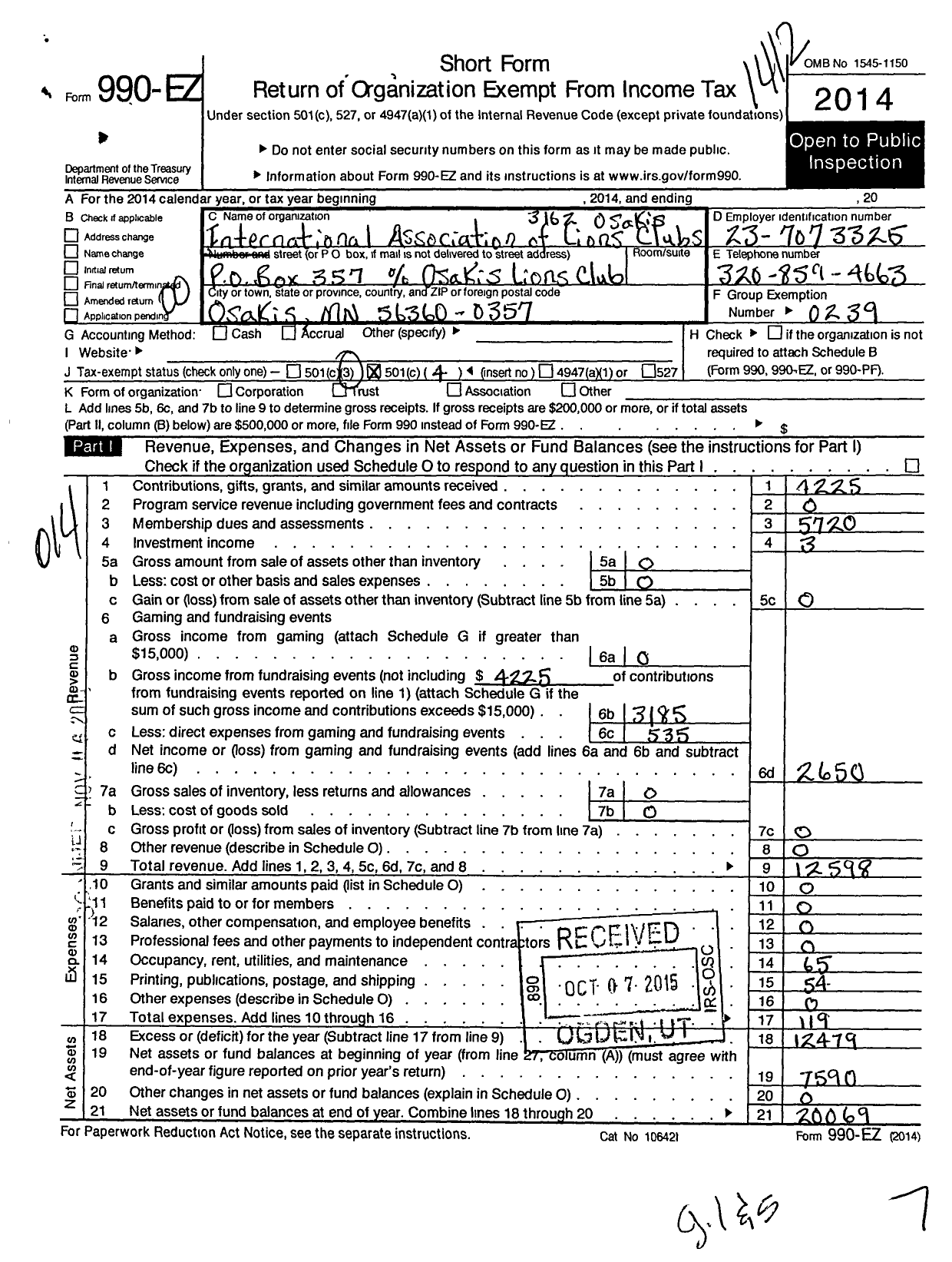 Image of first page of 2014 Form 990EO for Lions Clubs - 3162 Osakis