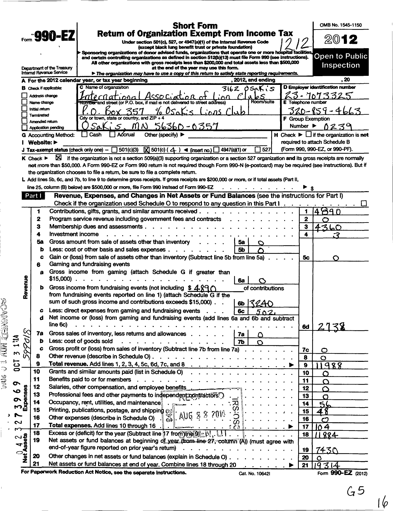 Image of first page of 2012 Form 990EO for Lions Clubs - 3162 Osakis