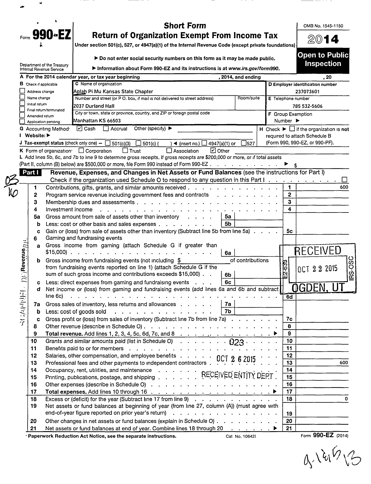 Image of first page of 2014 Form 990EO for Alpha Pi Mu Association / Kansas State Chapter