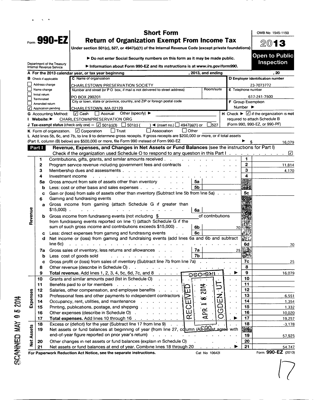 Image of first page of 2013 Form 990EZ for Charlestown Preservation Society