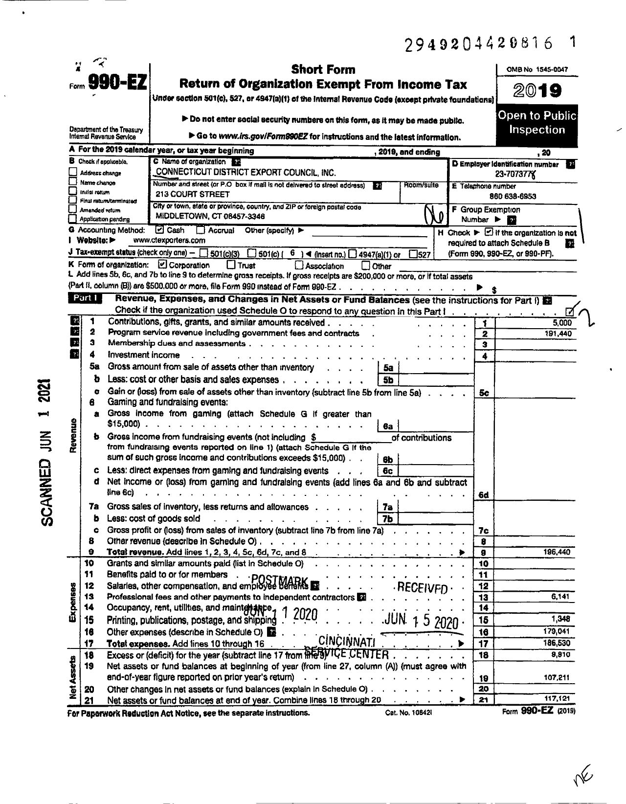 Image of first page of 2019 Form 990EO for Connecticut District Export Council