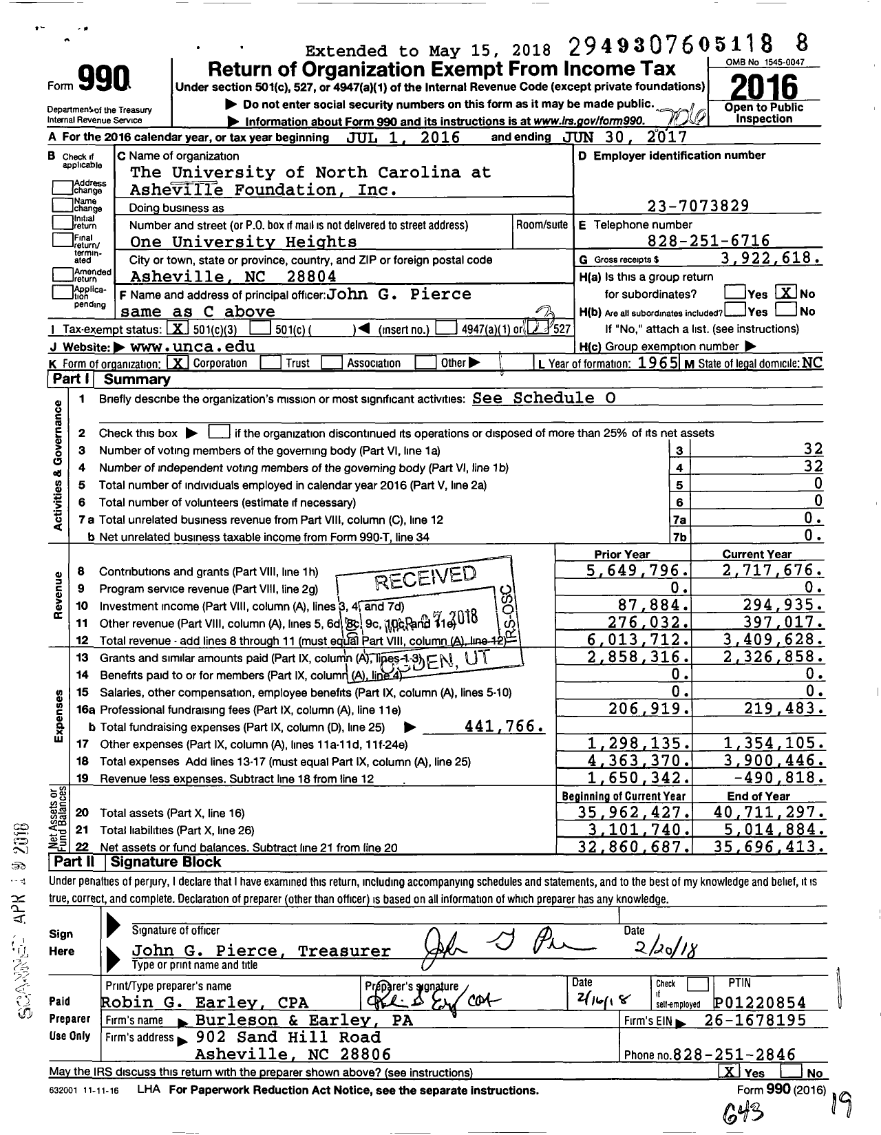 Image of first page of 2016 Form 990 for The University of North Carolina at Asheville Foundation