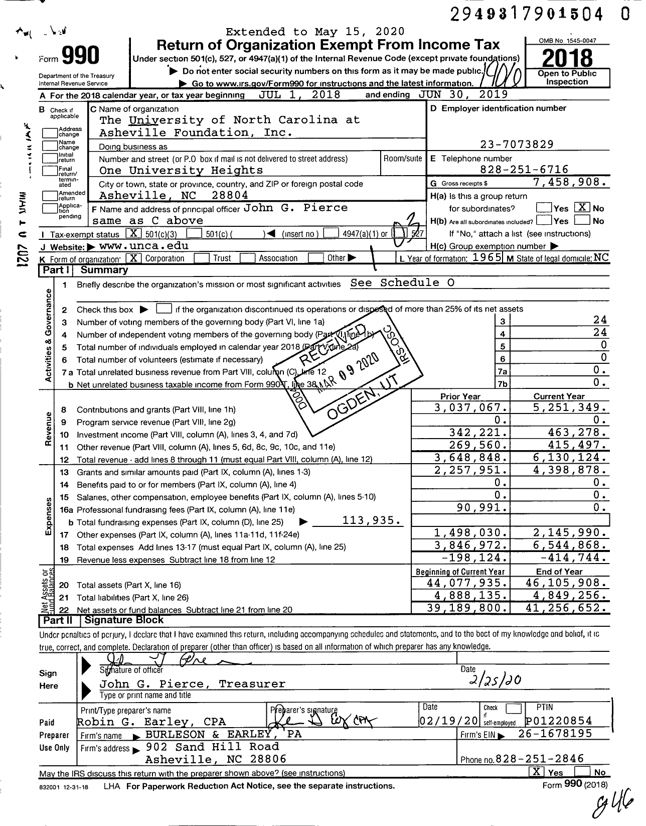 Image of first page of 2018 Form 990 for The University of North Carolina at Asheville Foundation