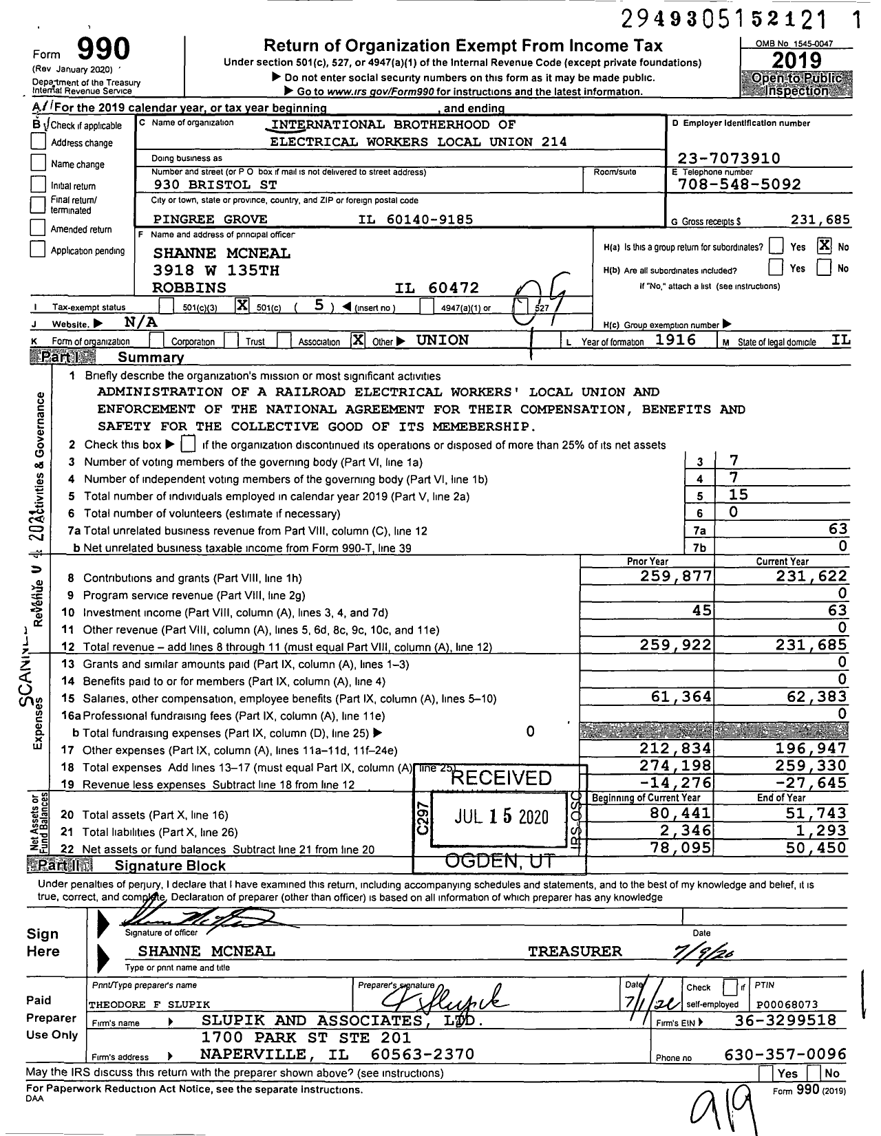 Image of first page of 2019 Form 990O for International Brotherhood of Electrical Workers - 214 Local Union