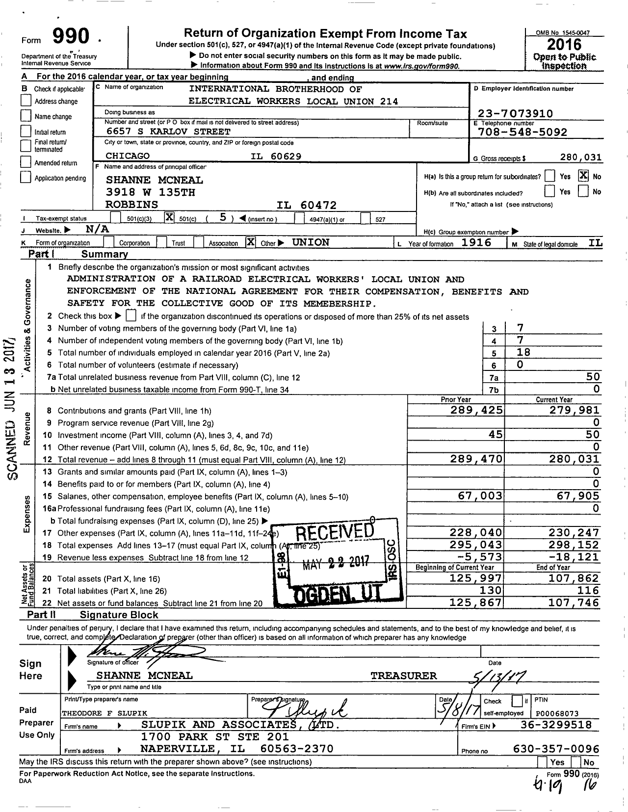 Image of first page of 2016 Form 990O for International Brotherhood of Electrical Workers - 214 Local Union