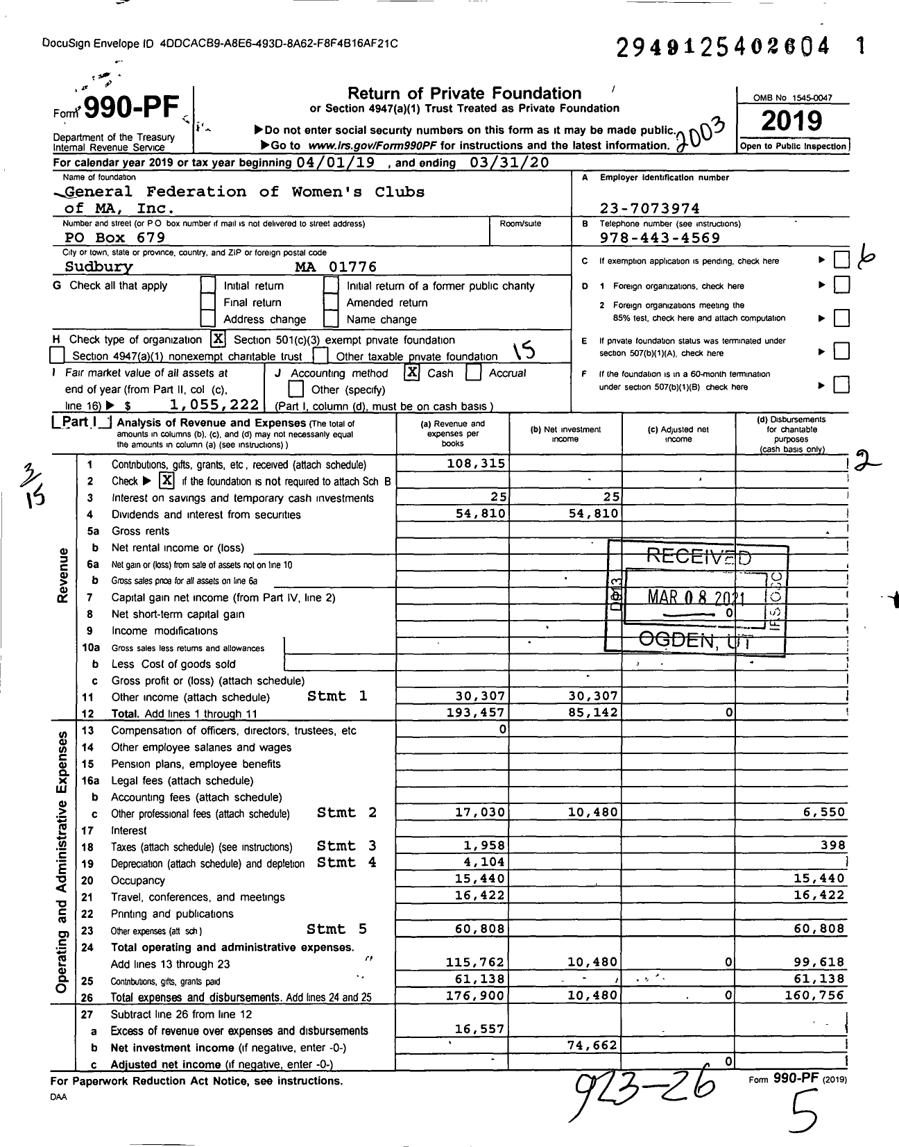 Image of first page of 2019 Form 990PF for General Federation of Women's Clubs