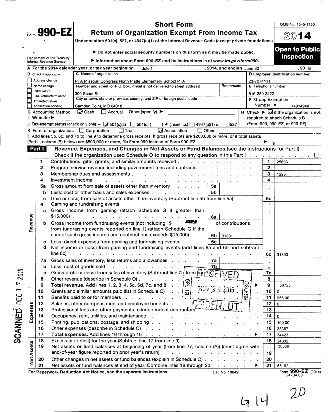 Image of first page of 2014 Form 990EZ for PTA Missouri Congress / North Platte Elementary School PTA