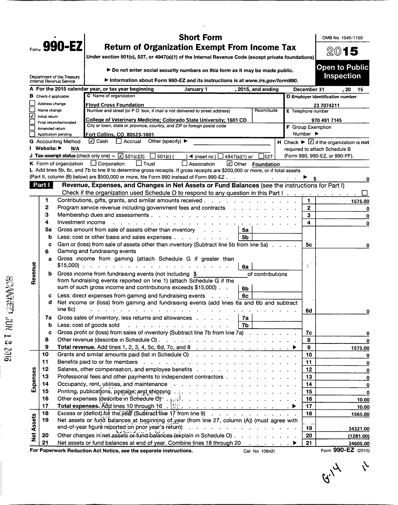 Image of first page of 2015 Form 990EZ for Floyd Cross Foundation