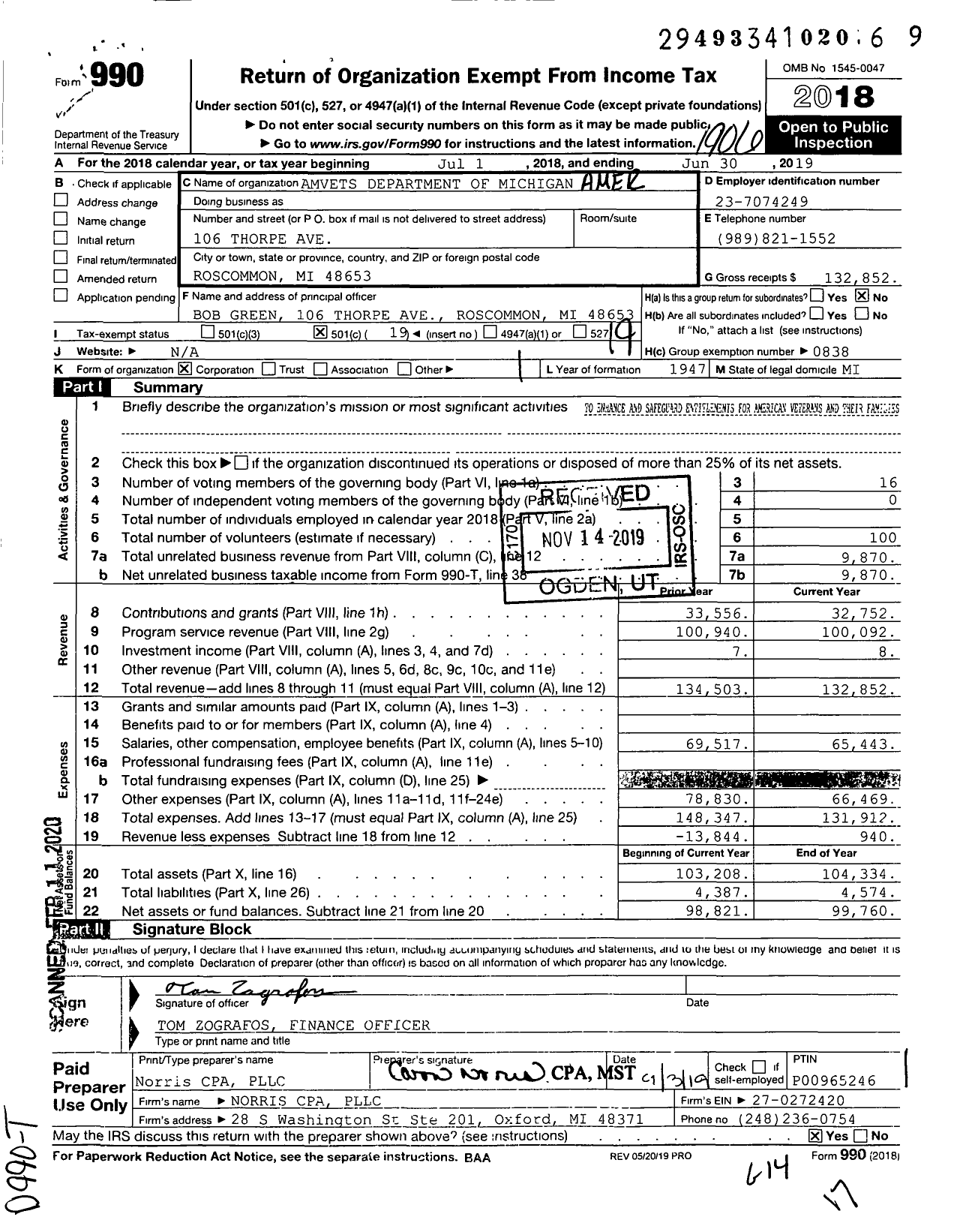 Image of first page of 2018 Form 990O for Amvets - Dept Mi