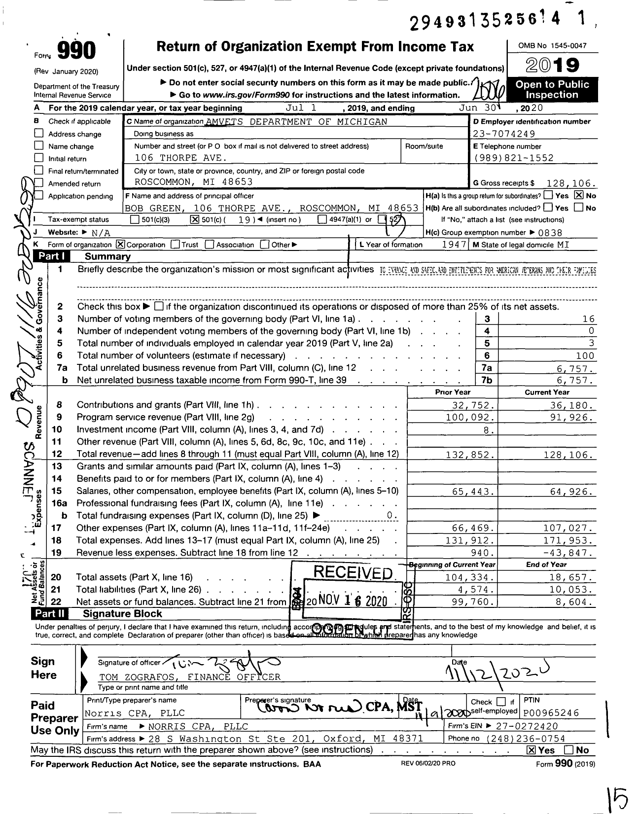 Image of first page of 2019 Form 990O for Amvets - Dept Mi