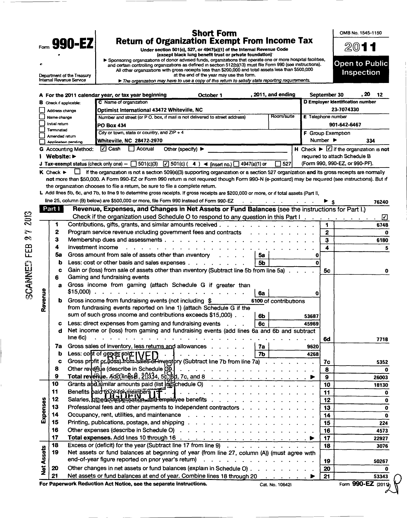 Image of first page of 2011 Form 990EO for Optimist International - 43472 Oc of Whiteville NC