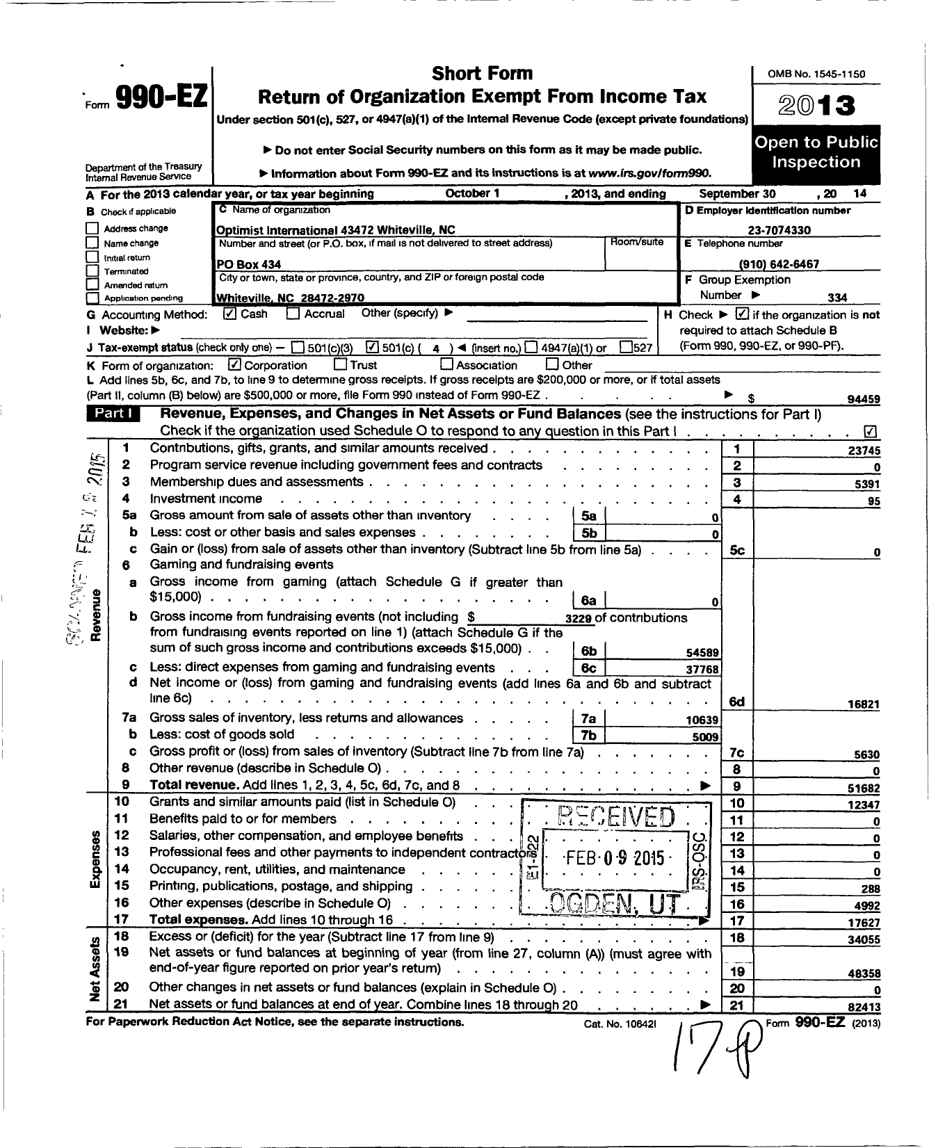 Image of first page of 2013 Form 990EO for Optimist International - 43472 Oc of Whiteville NC