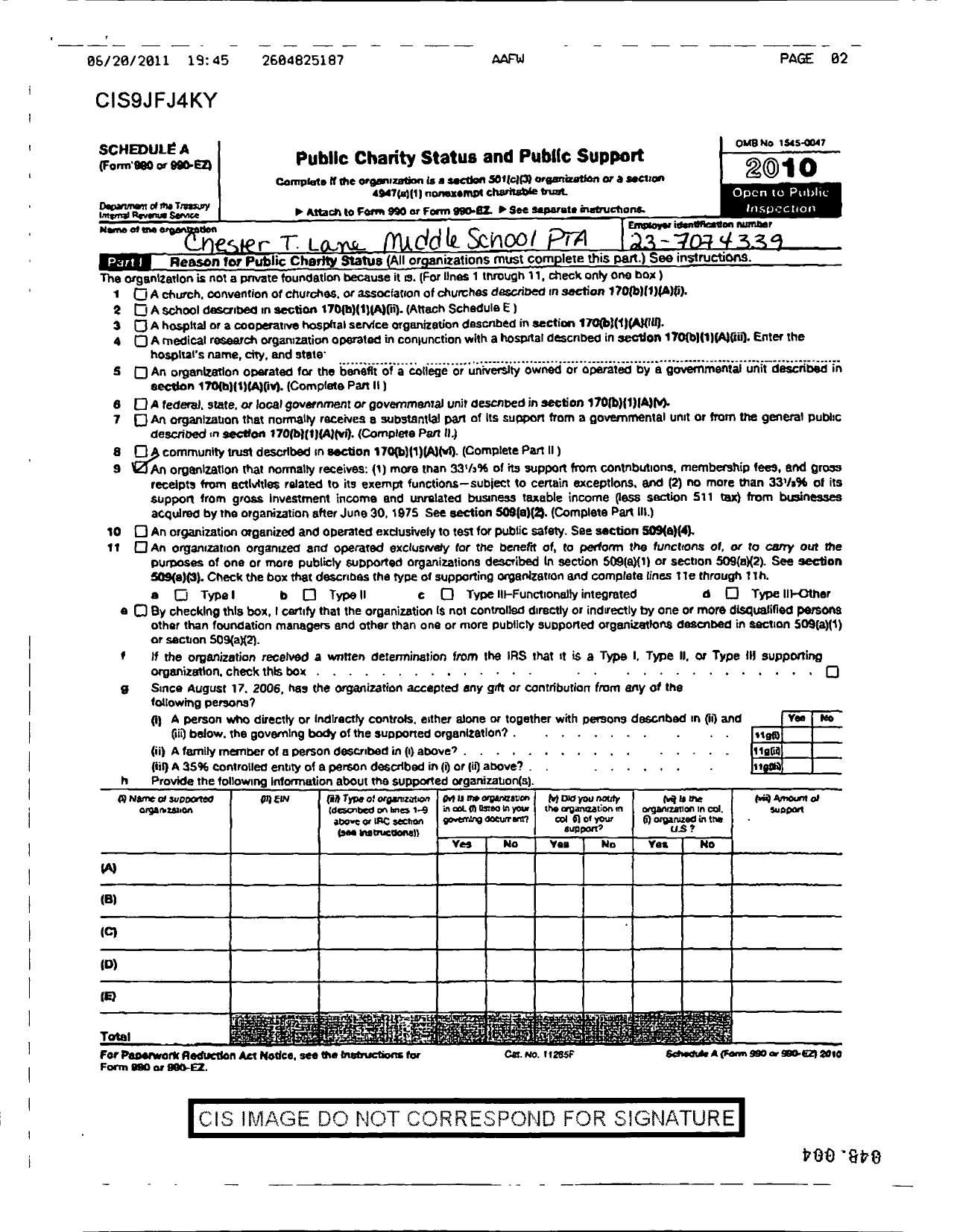 Image of first page of 2009 Form 990ER for Indiana Congress of Parents and Teachers / Chester Lane Middle Ptsa