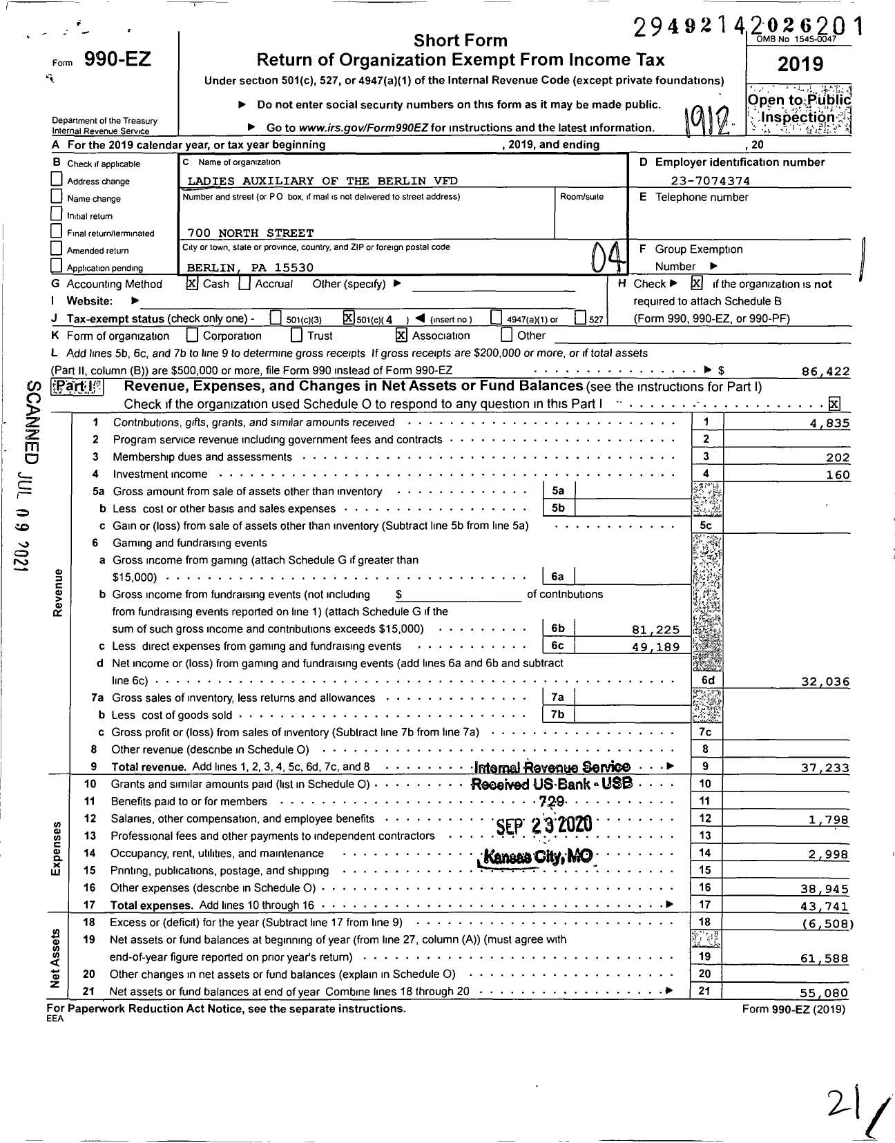 Image of first page of 2019 Form 990EO for Ladies Auxiliary of the Berlin VFD