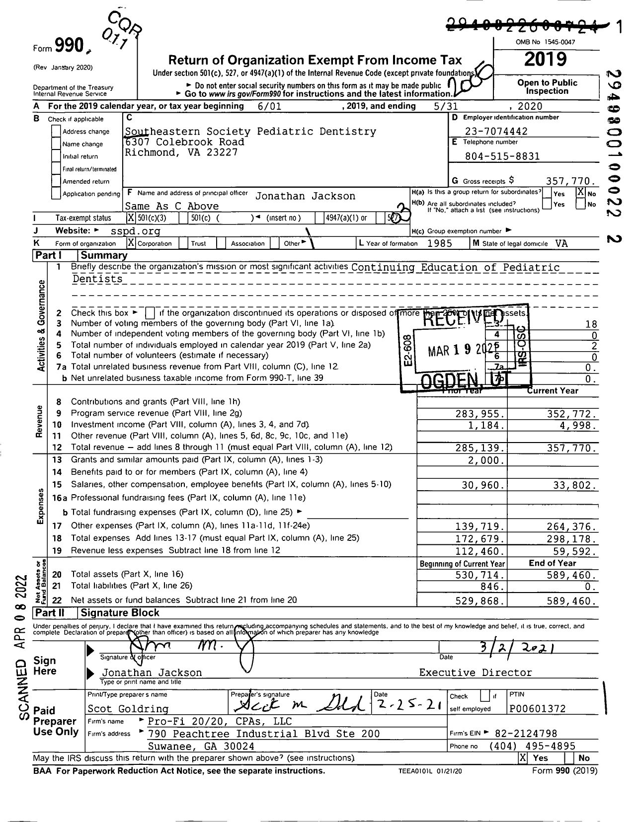 Image of first page of 2019 Form 990 for Southeastern Society Pediatric Dentistry