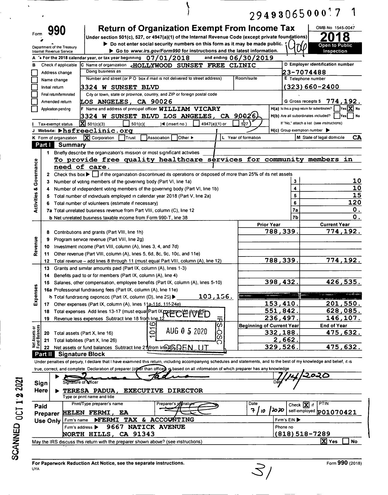 Image of first page of 2018 Form 990 for Hollywood Sunset Free Clinic