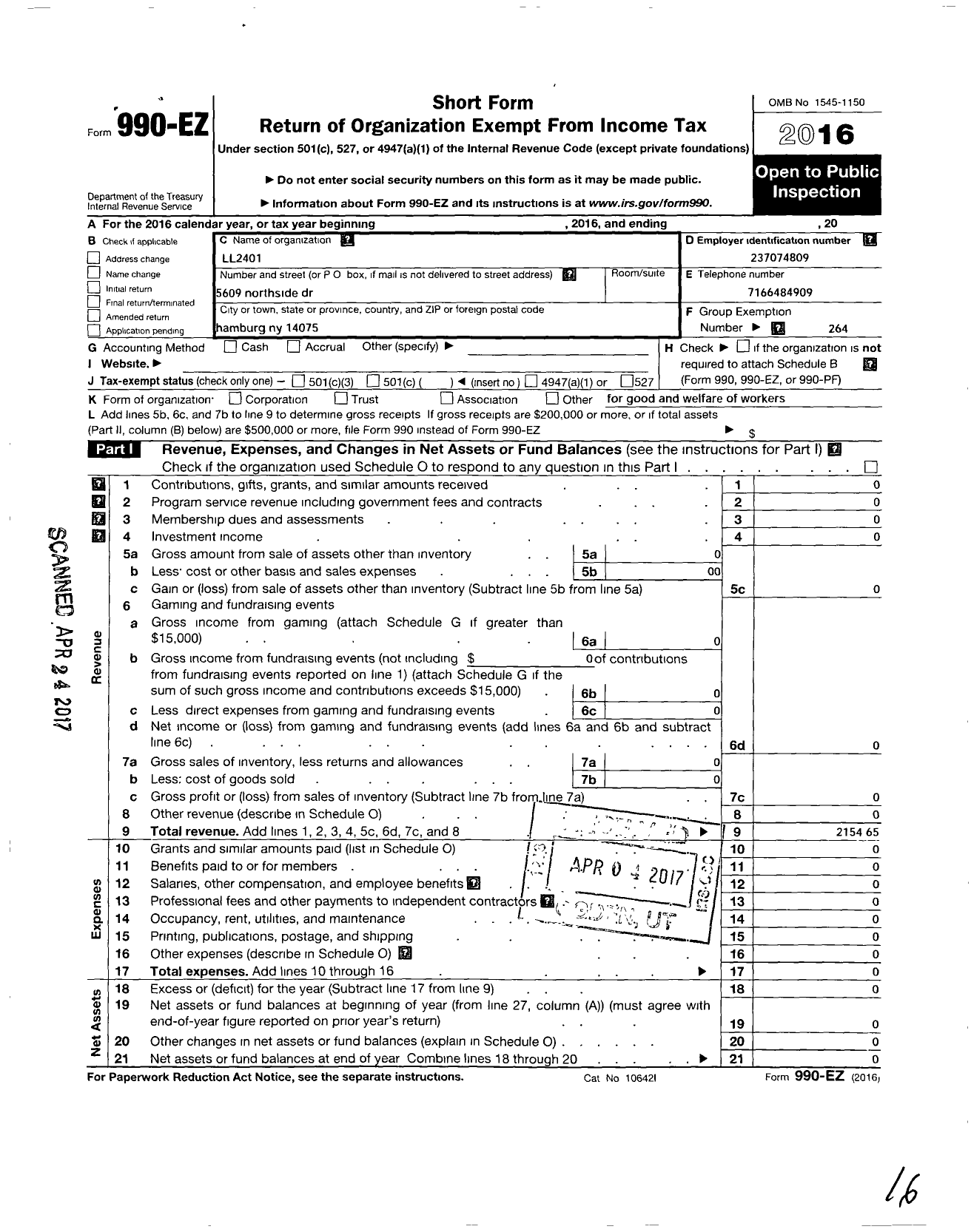 Image of first page of 2016 Form 990EO for International Association of Machinists and Aerospace Workers - 2401 Lodge