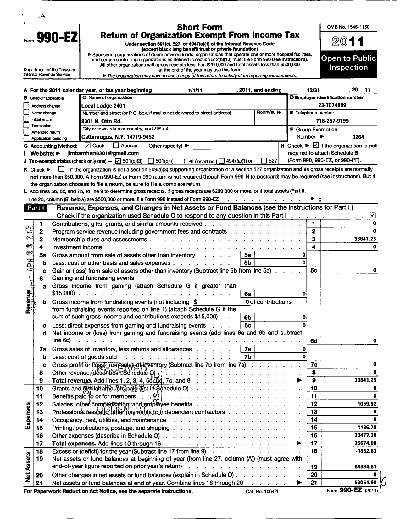 Image of first page of 2011 Form 990EZ for International Association of Machinists and Aerospace Workers - 2401 Lodge