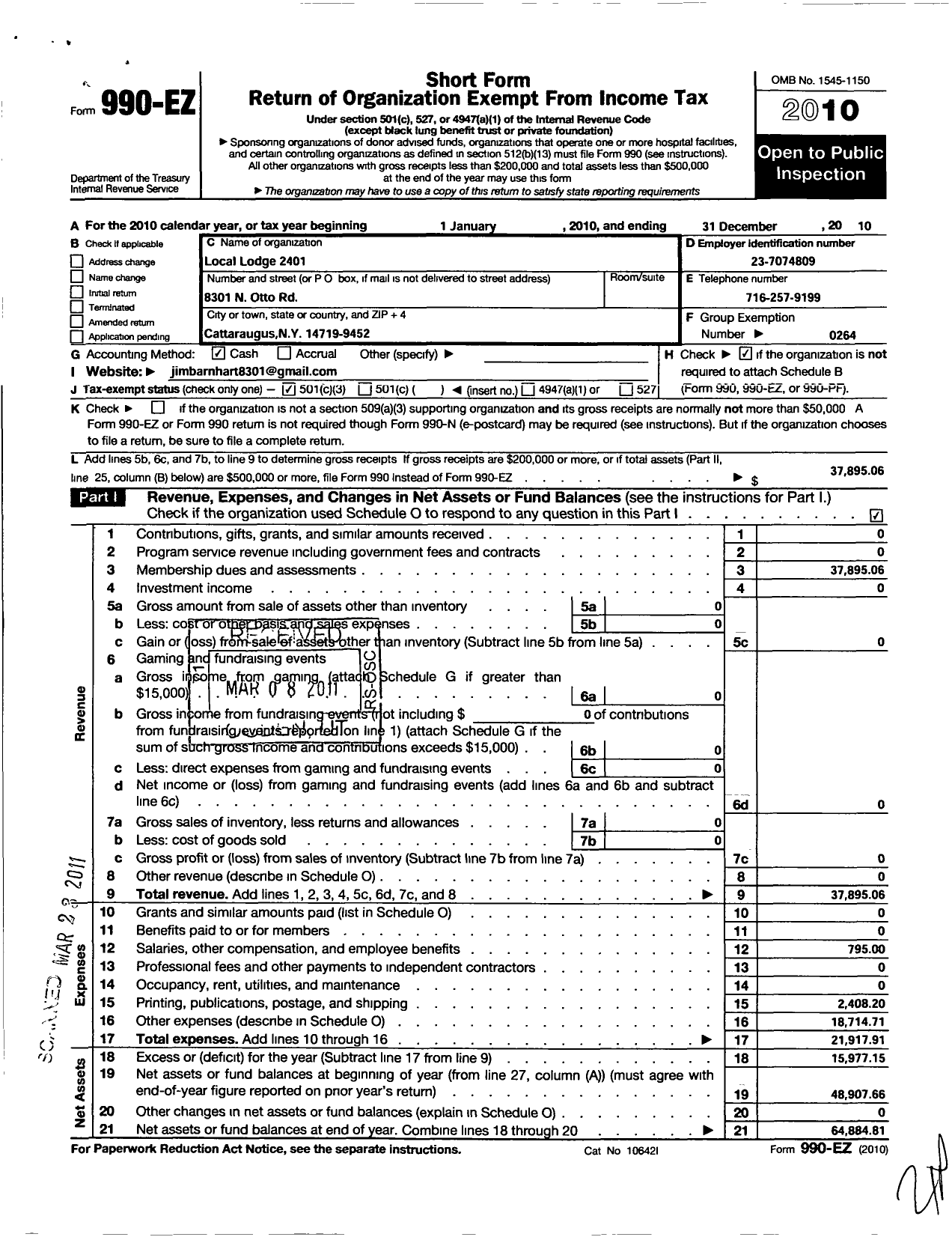 Image of first page of 2010 Form 990EZ for International Association of Machinists and Aerospace Workers - 2401 Lodge