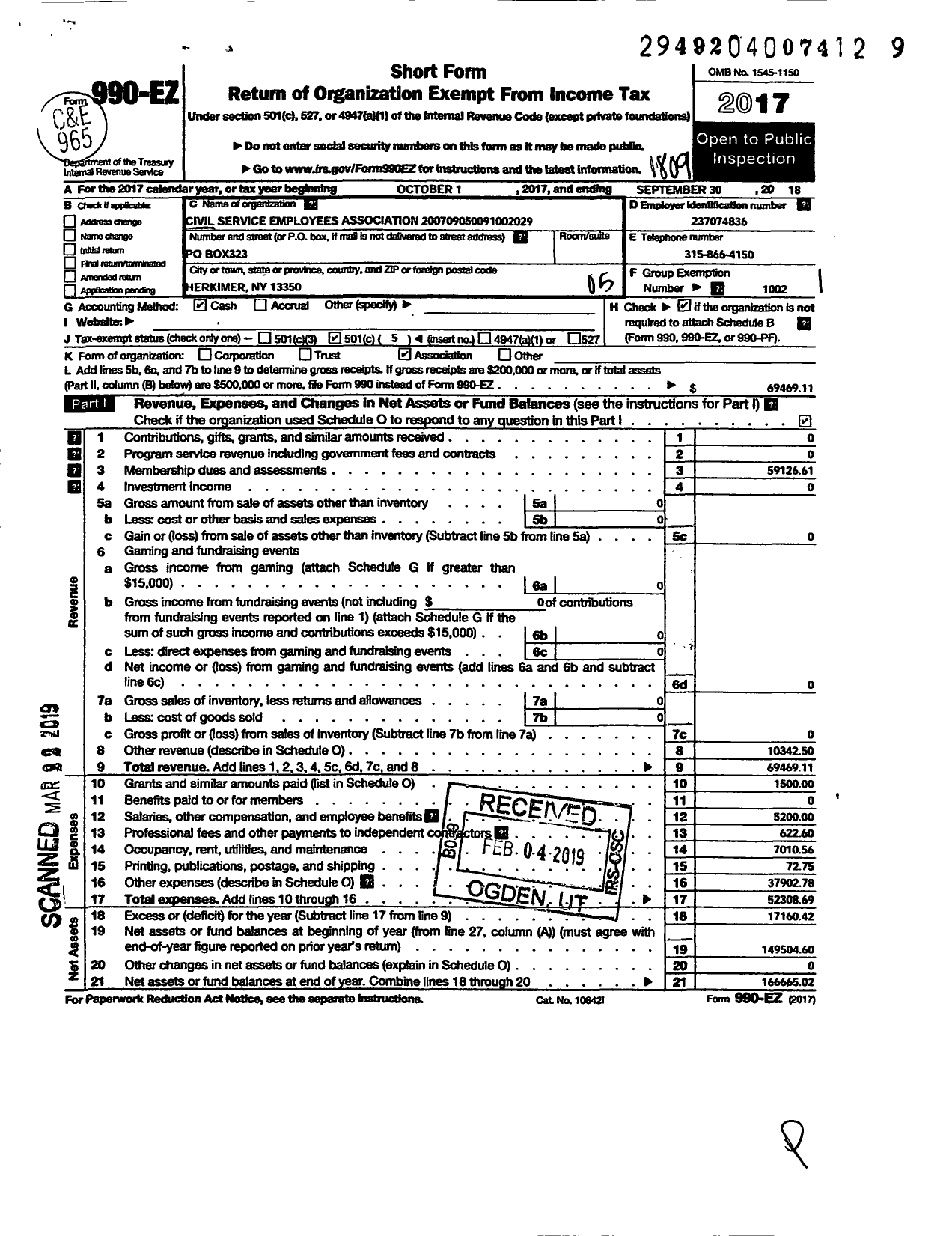 Image of first page of 2017 Form 990EO for Civil Service Employees Association - 0822 Herkimer County