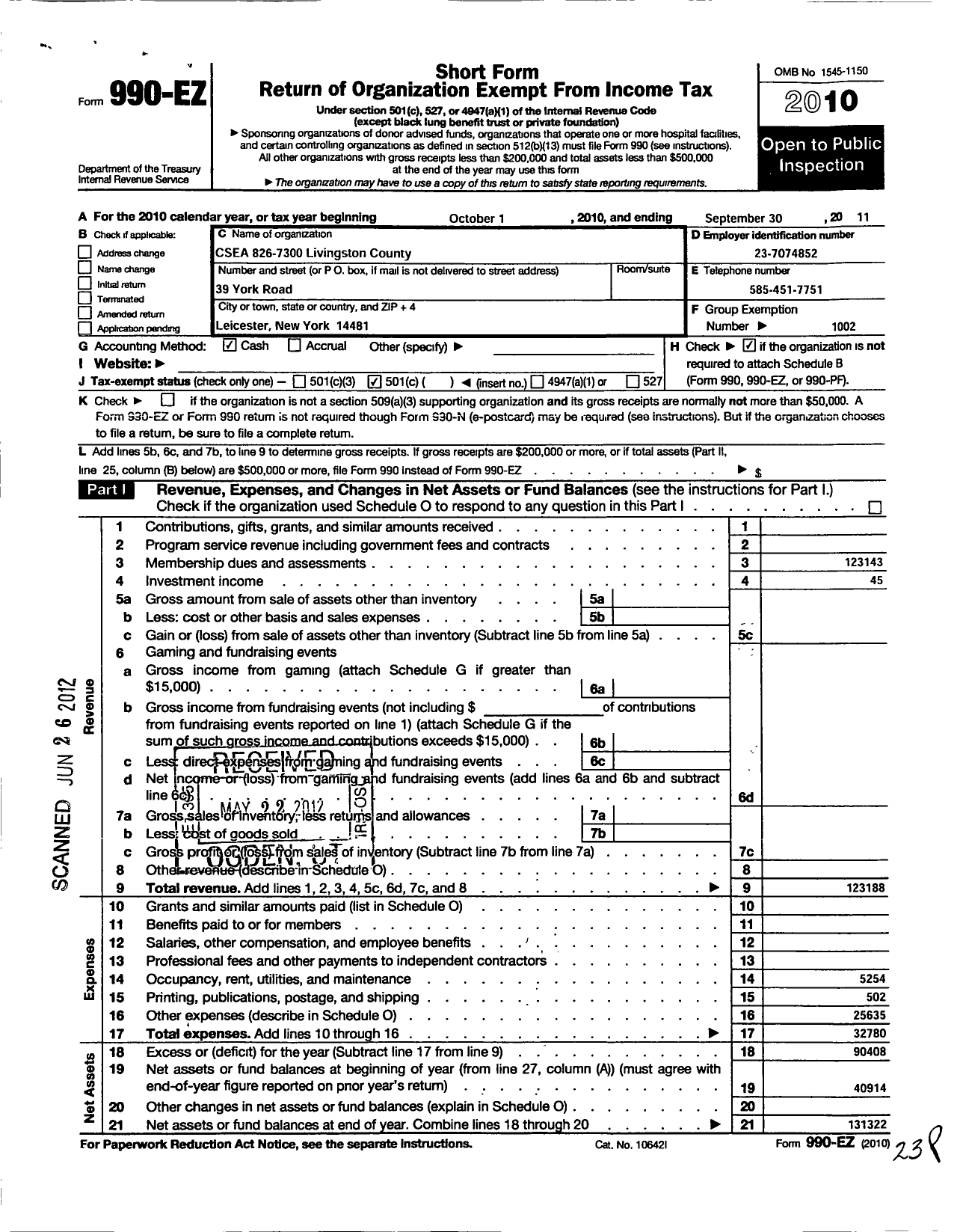 Image of first page of 2010 Form 990EO for Civil Service Employees Association - 0826 Livingston County