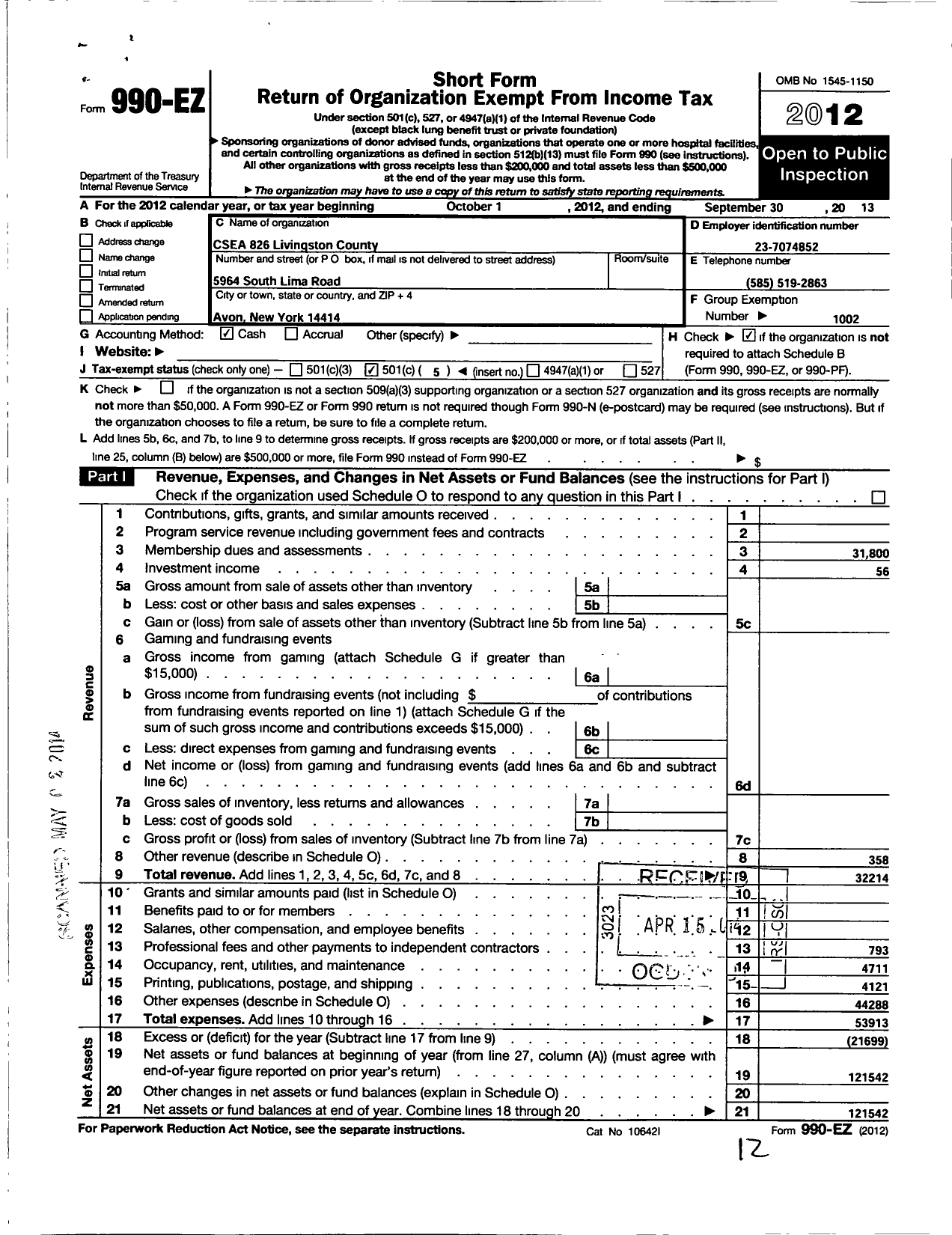 Image of first page of 2012 Form 990EO for Civil Service Employees Association - 0826 Livingston County