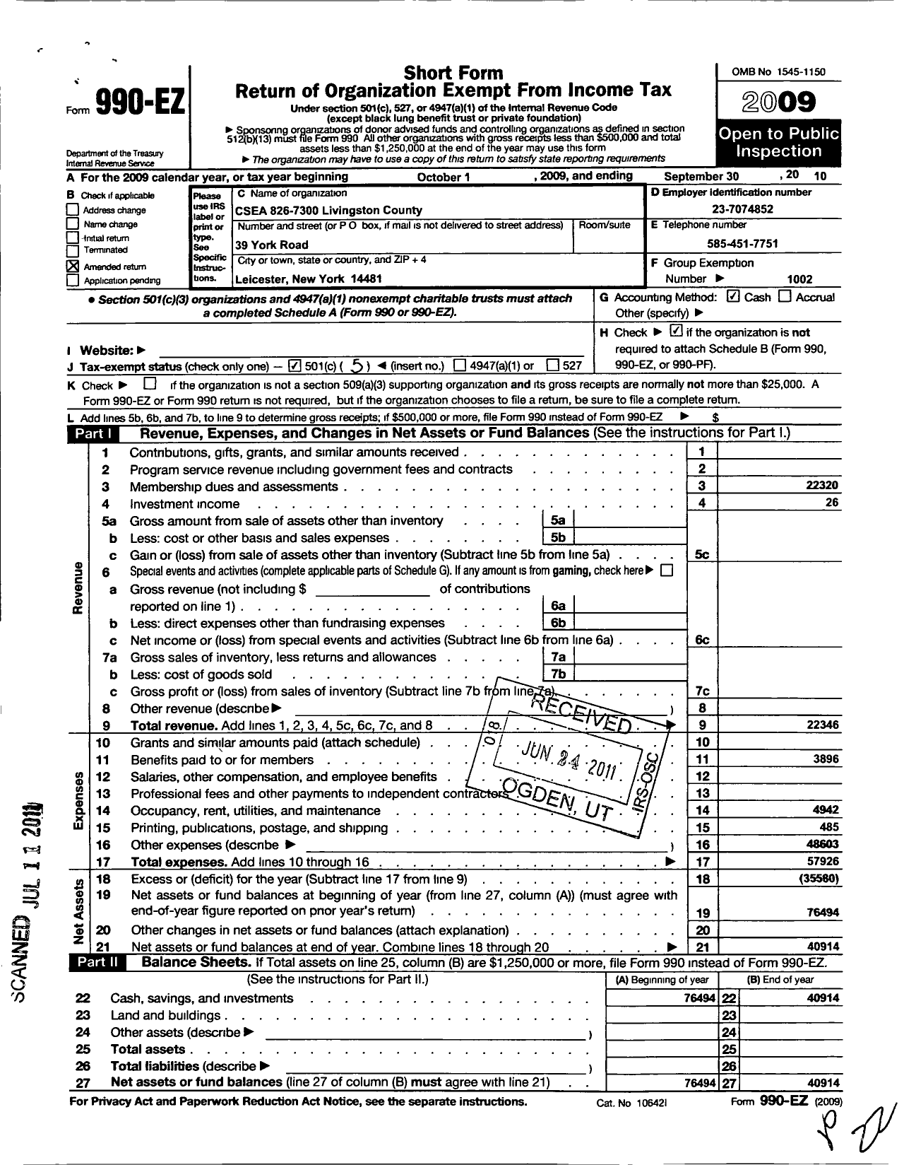 Image of first page of 2009 Form 990EO for Civil Service Employees Association - 0826 Livingston County