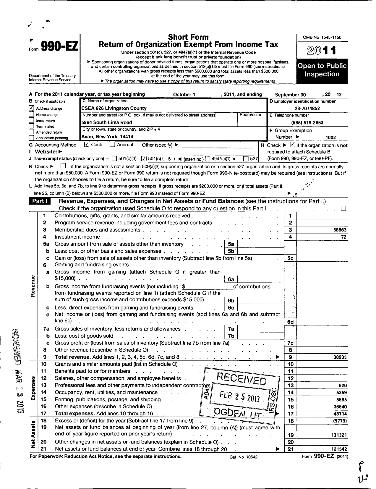 Image of first page of 2011 Form 990EO for Civil Service Employees Association - 0826 Livingston County